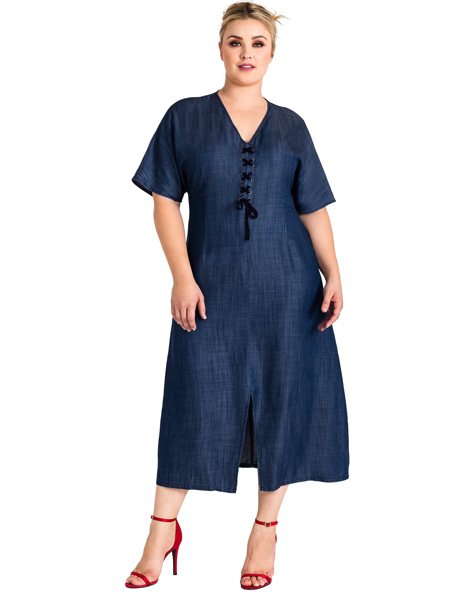 Athena Lace-Up Denim Midi Dress | Blue