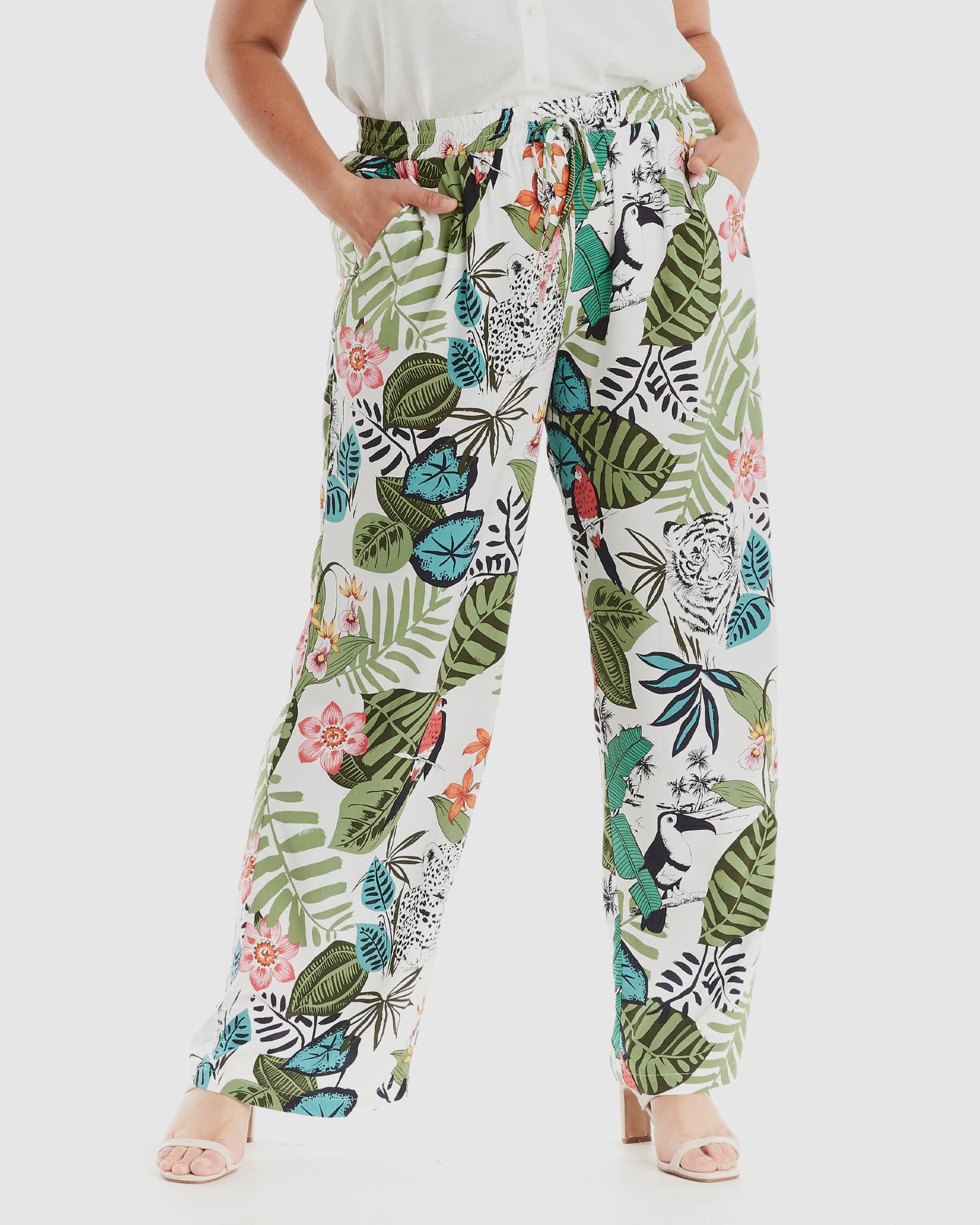 Plus Size Super Soft Tropical Printed Leggings One Size Fits Most Plus  White Tropical Flower - White Mark