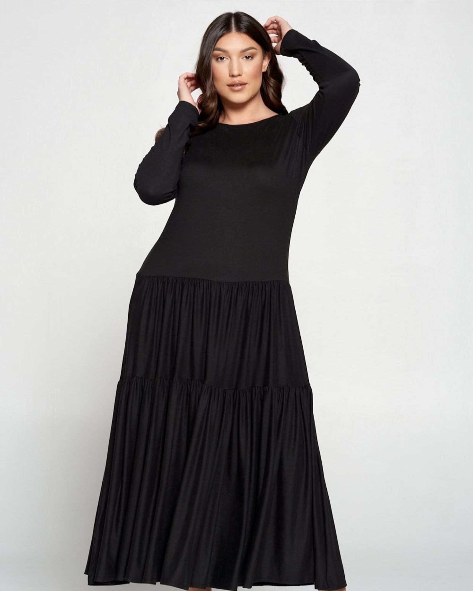 Black Long-Sleeve Tiered Maxi Dress