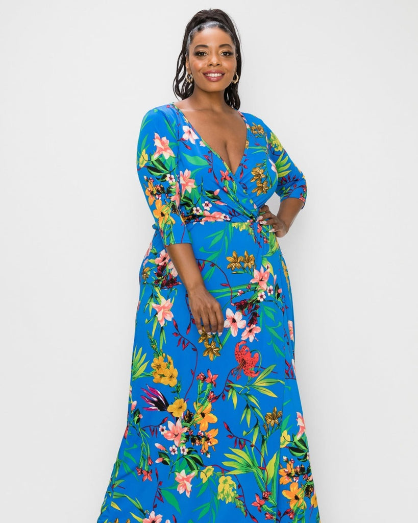 Plus Size Erin Floral Wrap Maxi Dress | Blue Floral