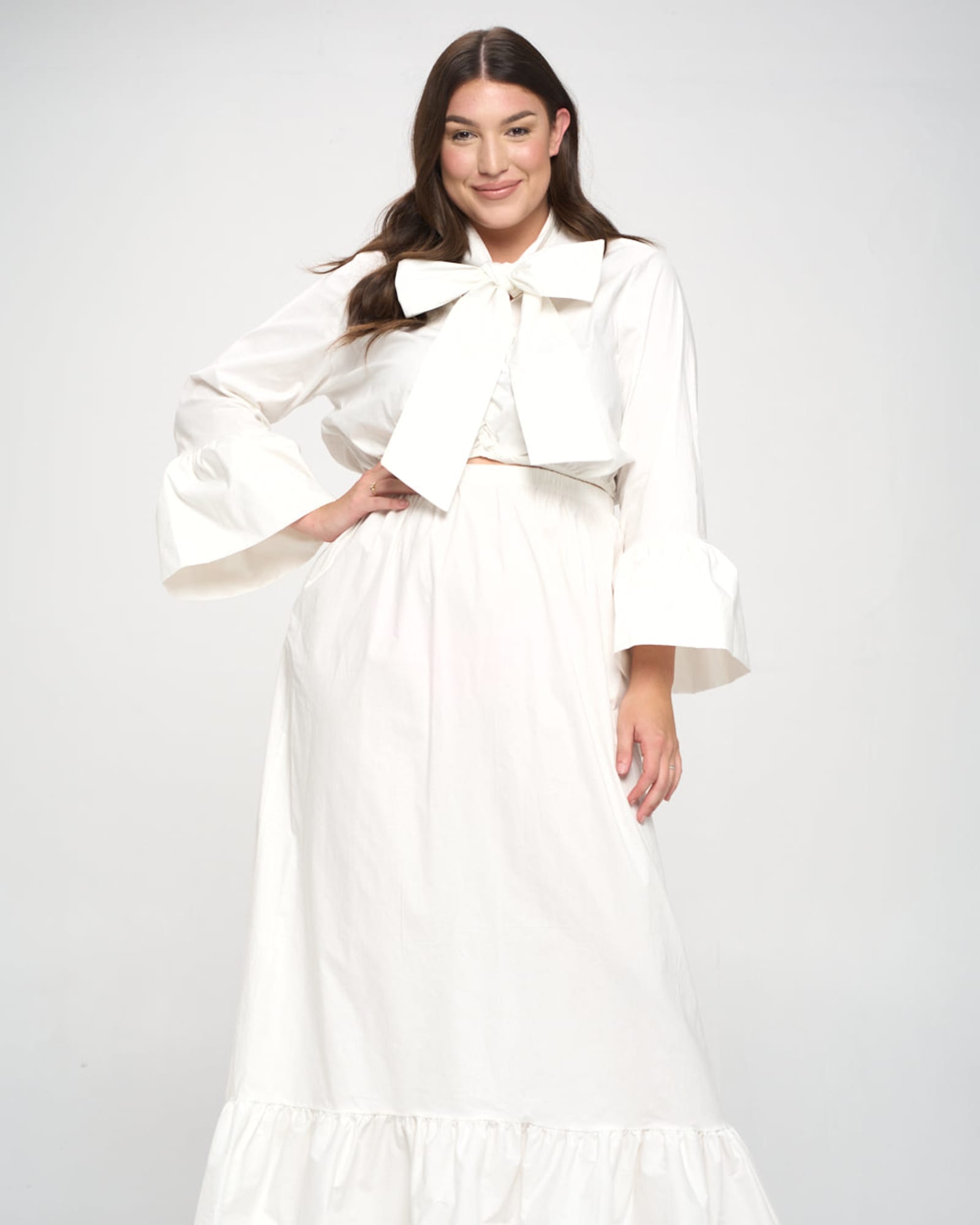 Poplin Bell Sleeve Top and Skirt Set | Ivory