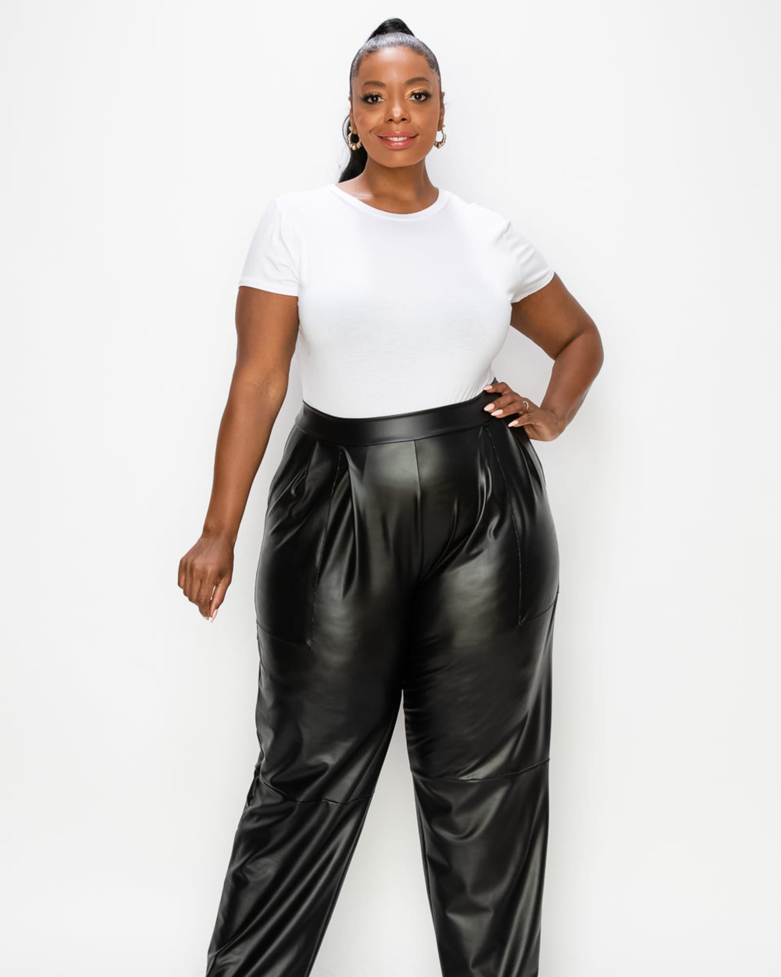 High Quality Plus Size Womens Black Leather Pants High Waisted