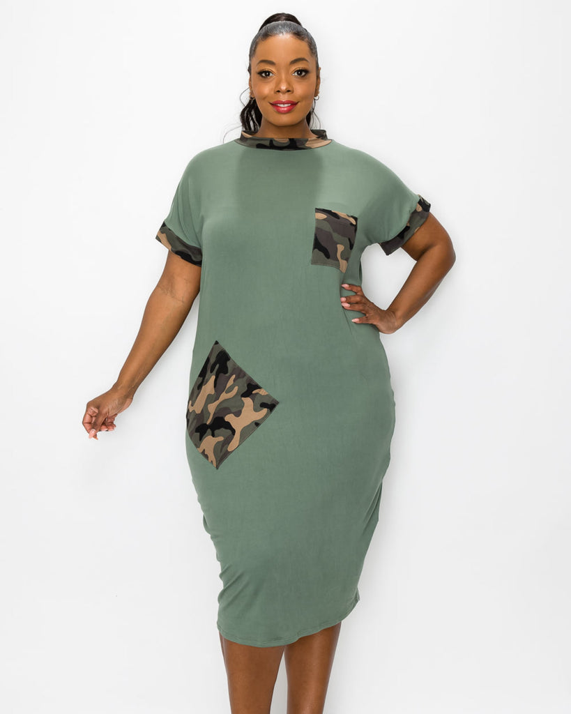 Plus Size Jazzi Colorblock Pocket Dress | Army Olive