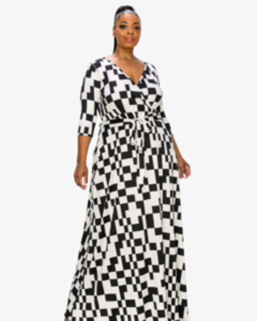 Plus Size Giovanna Geometric Print Belted Wrap Dress | Black/White