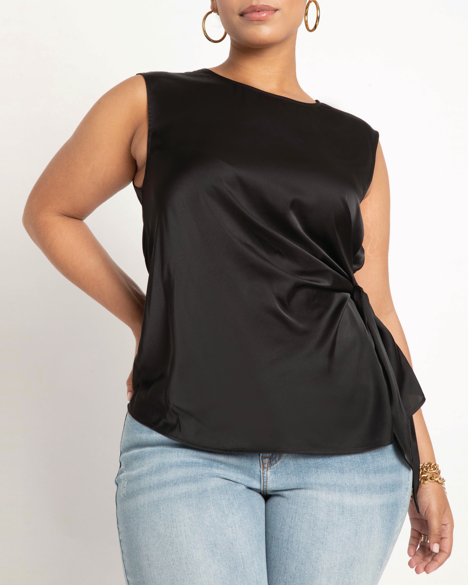 Aria Tie Side Satin Tank | Totally Black