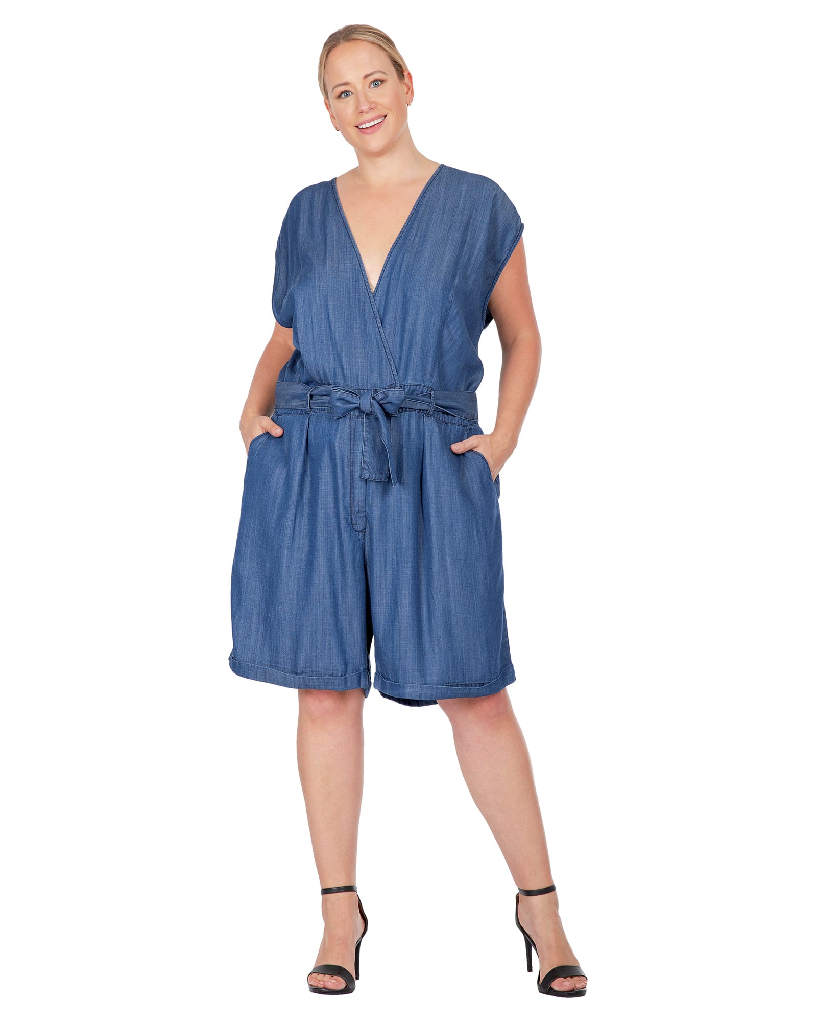 Deidra Cap Sleeve Chambray Romper | Indigo Rinse