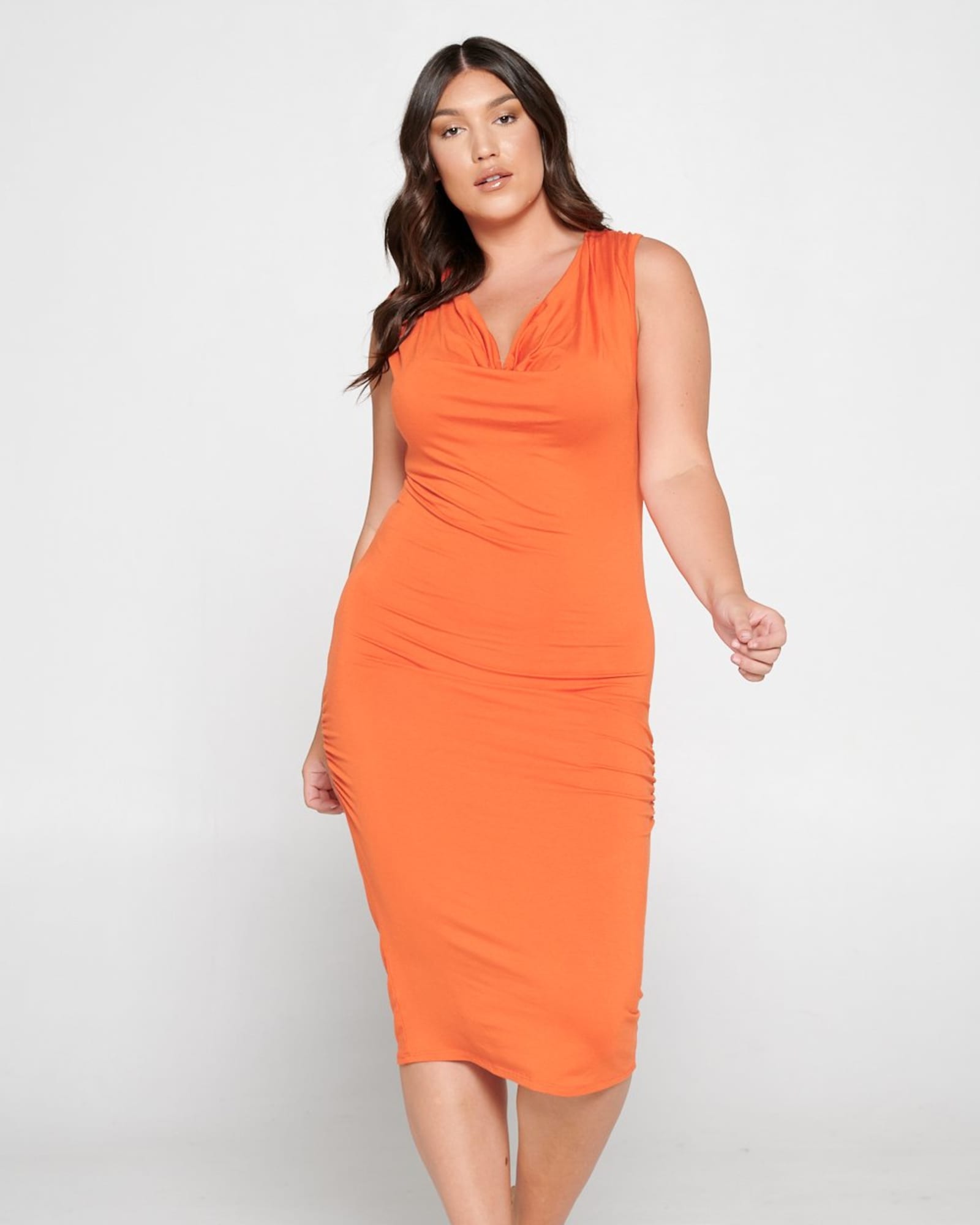 Kim Cowl Neck Midi Dress | Orange Bright