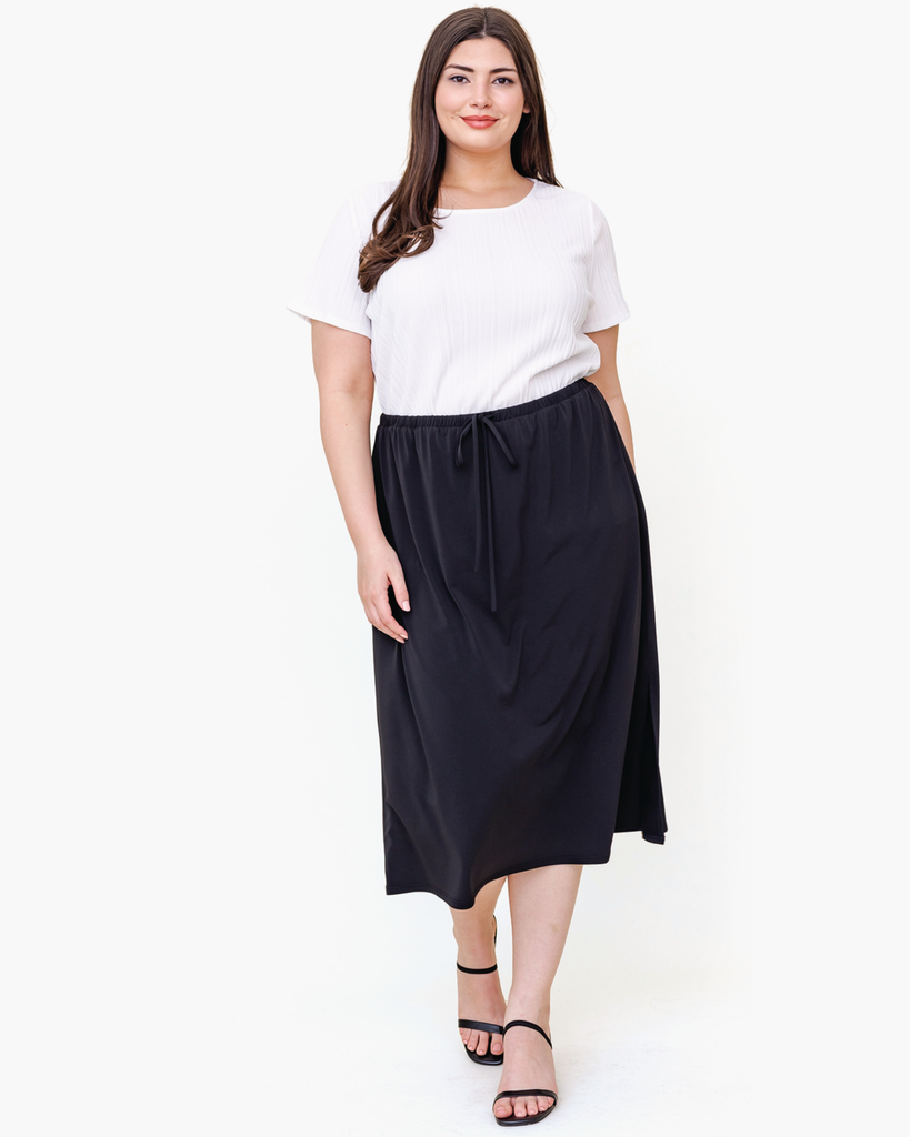 Joane Plus Size Drawstring Midi Skirt | Black