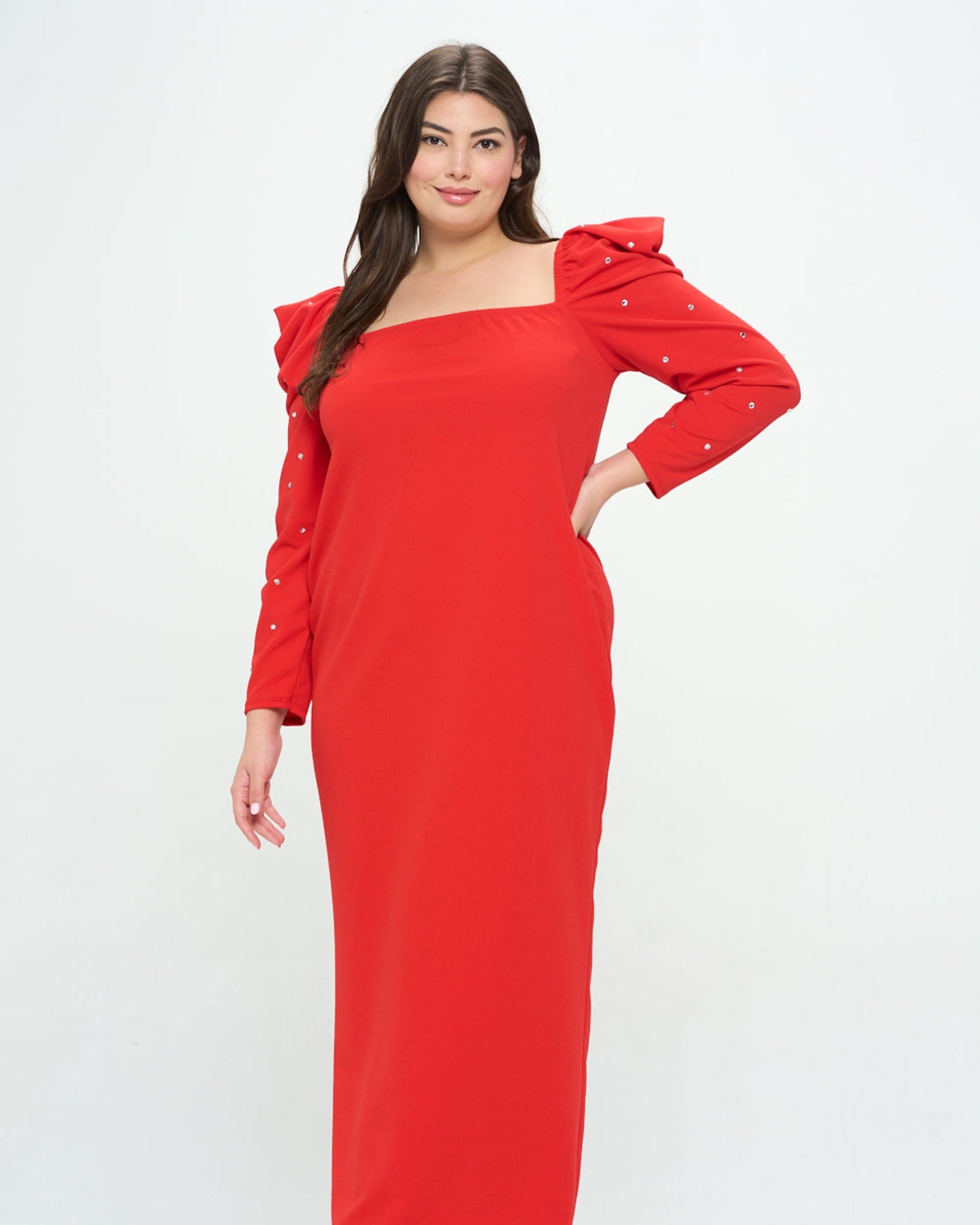 Evangeline Rhinestone Sleeve Dress | Coral Red