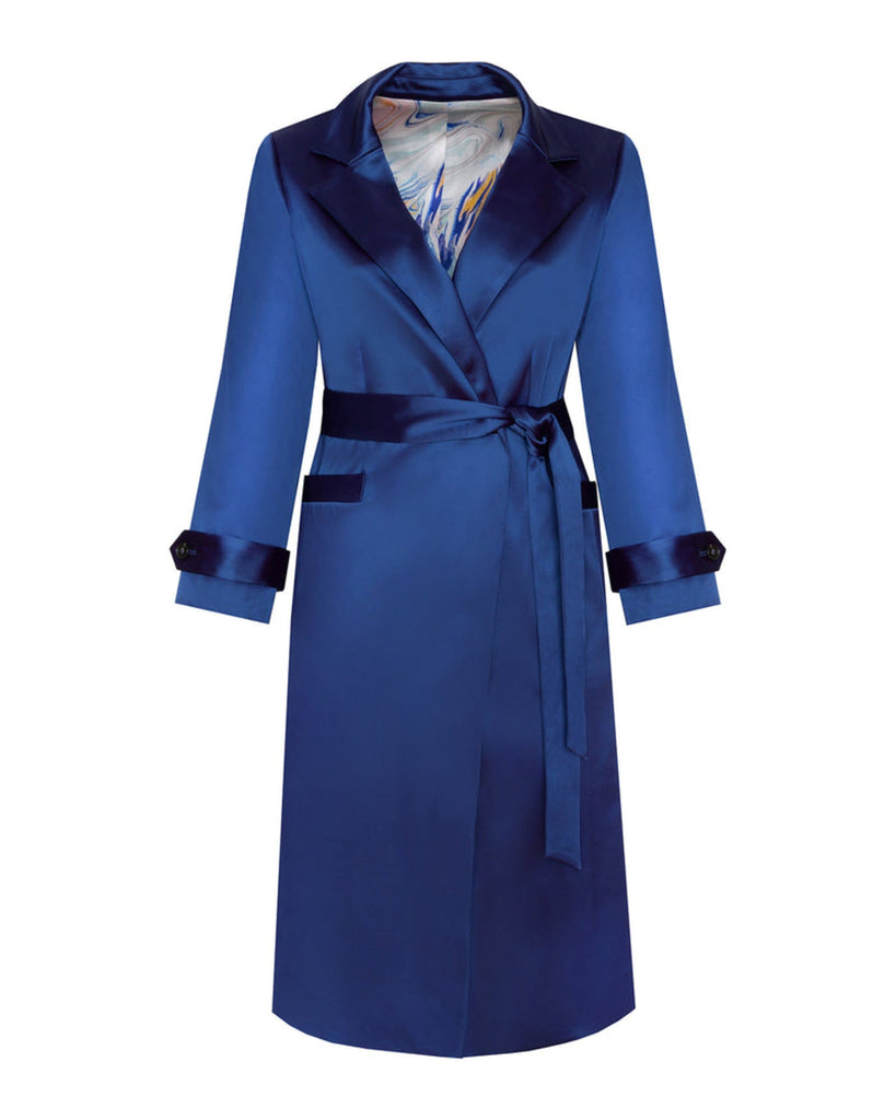 Caterina Stretch Satin Coat | Navy Blue - Blue print lining