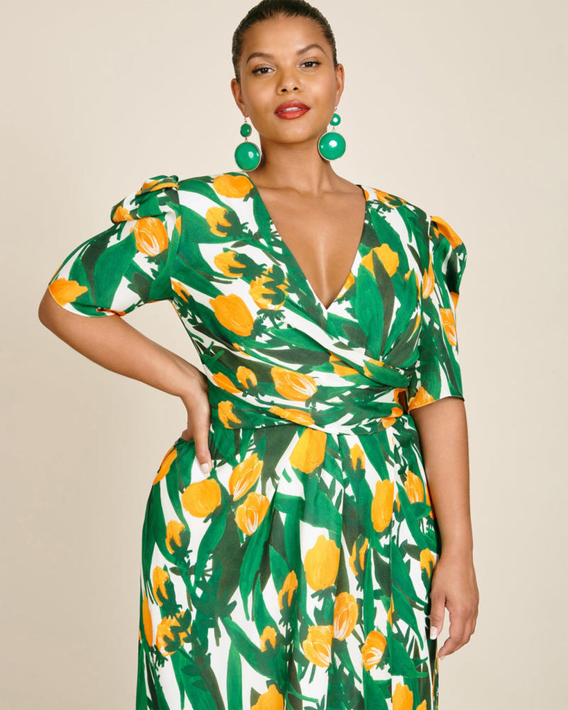 Puff Sleeve V-Neck Dress with Draping | Yellow / Light Green