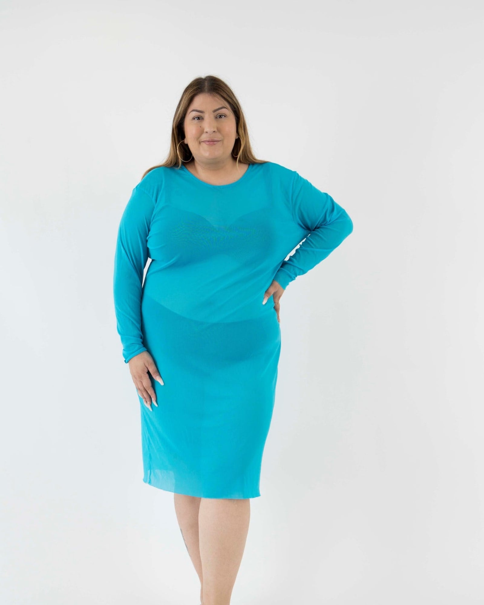 The Ghost Mesh Xray Dress with a Jewel Neckline | Turq Blue