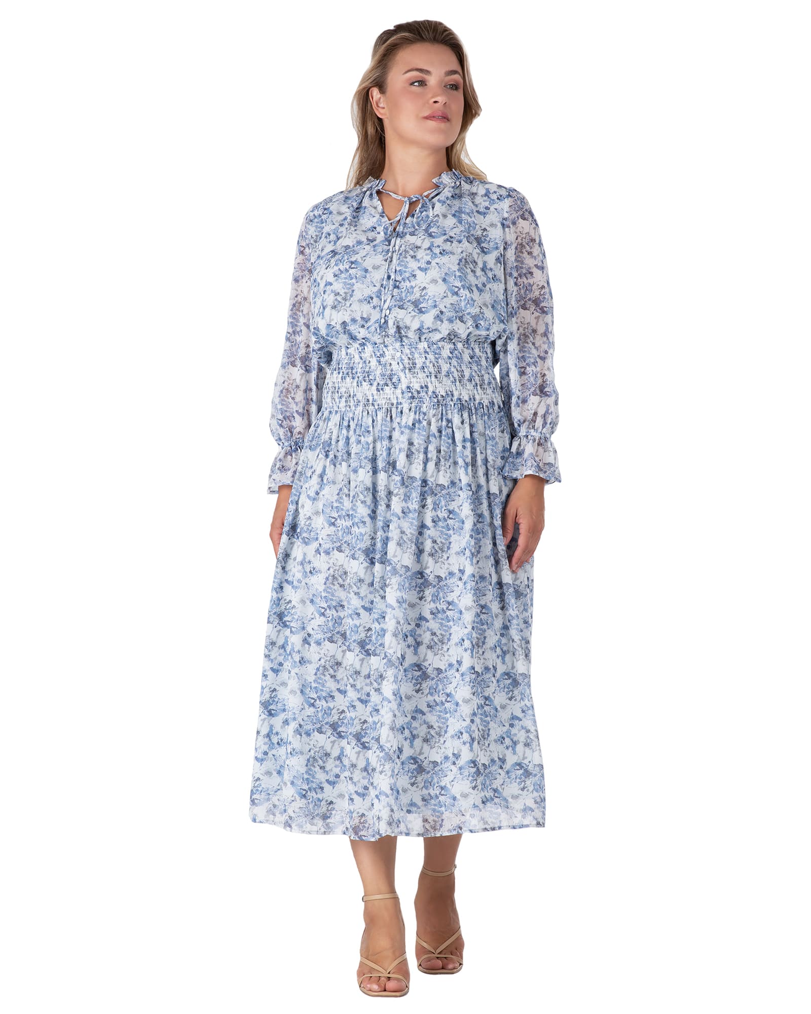 Women's Floral Print Long Ruffle Sleeve Maxi Dress | Blue White Print