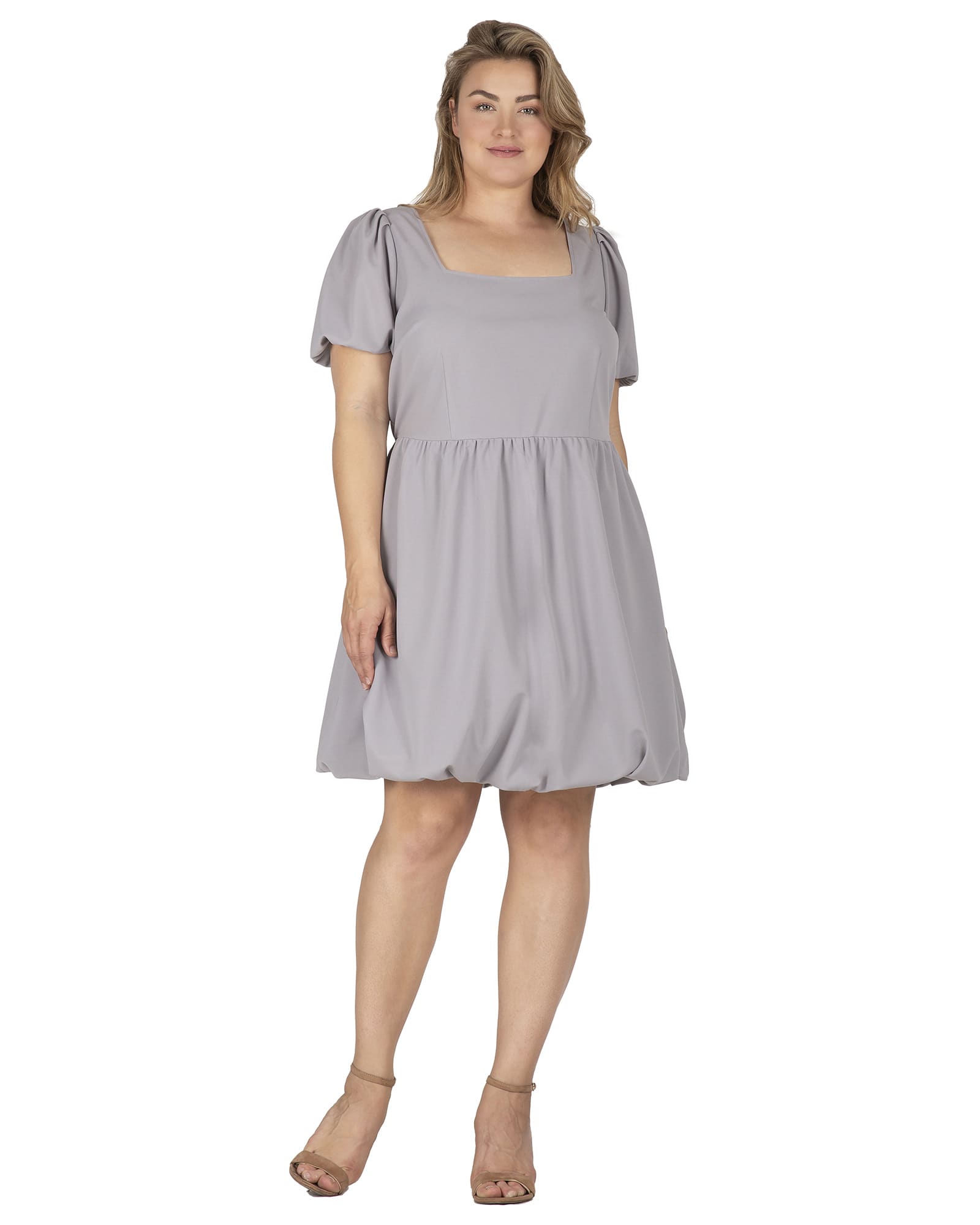 Women's Puff Sleeves Square Neck Balloon Skirt Mini Dress | Grey