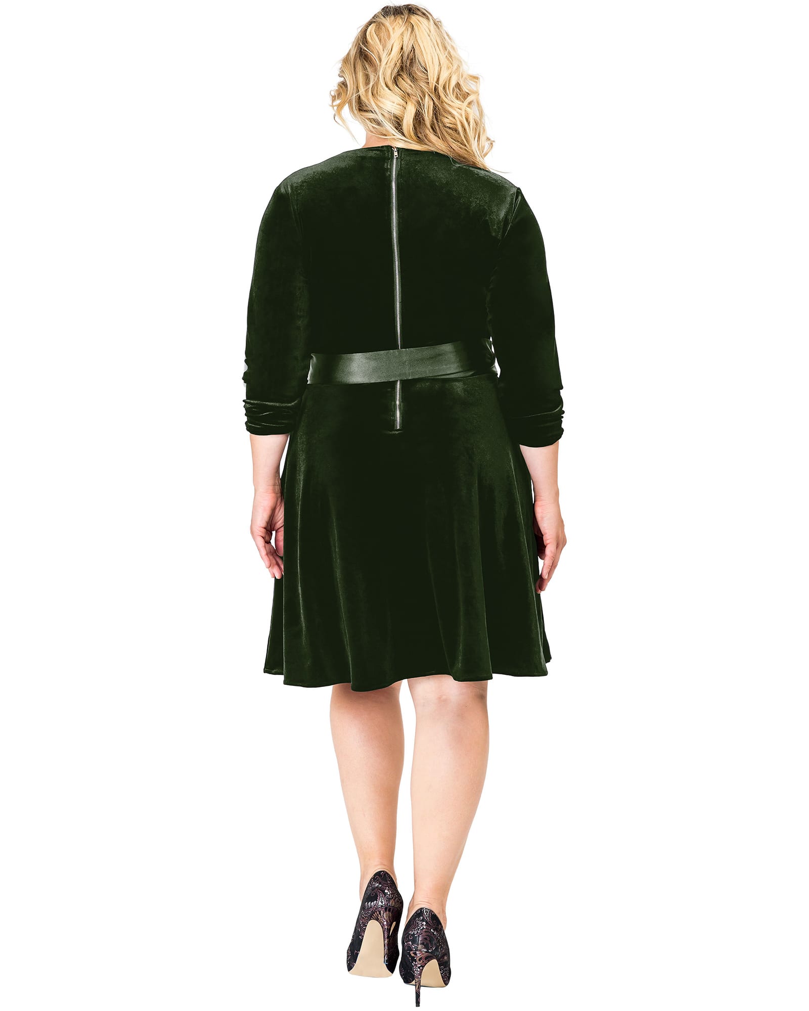 Womens Stretch Velvet V-Neck Satin Belt Aline Dress | GREEN