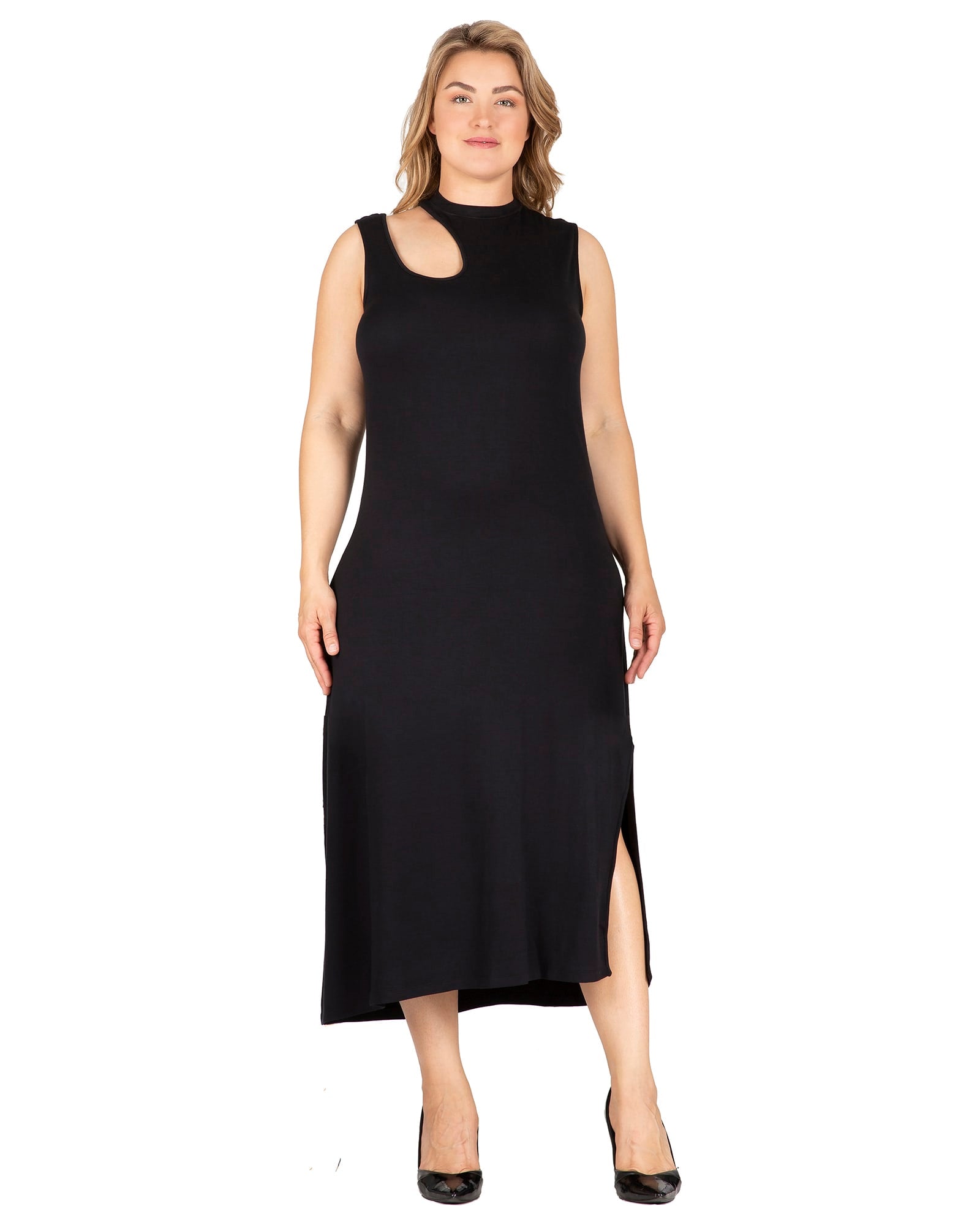 Women's Elegant Cut-Out Knit Jersey Maxi Tank Dress | Black