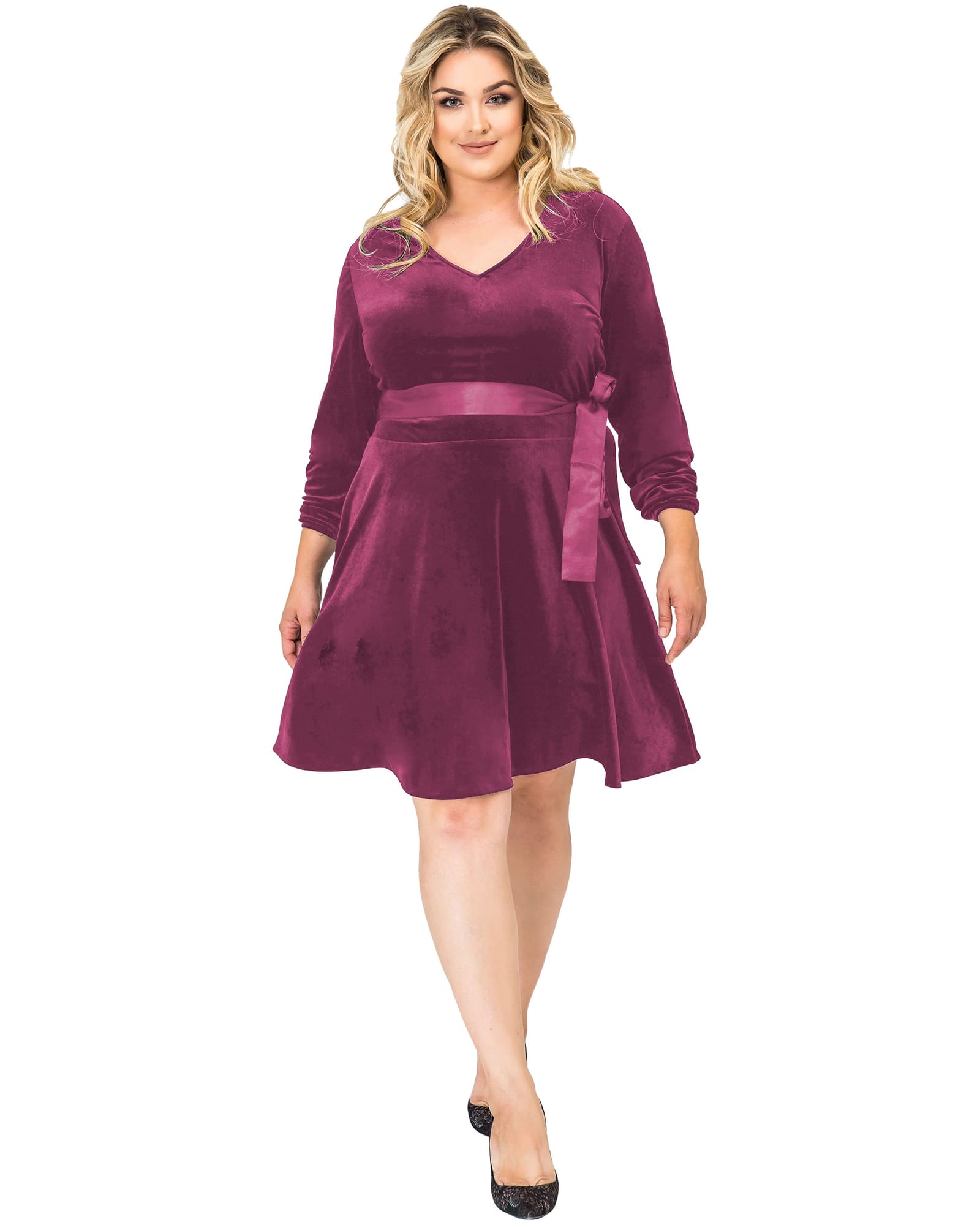 Slimming Velvet V-neck Satin Belt Dress