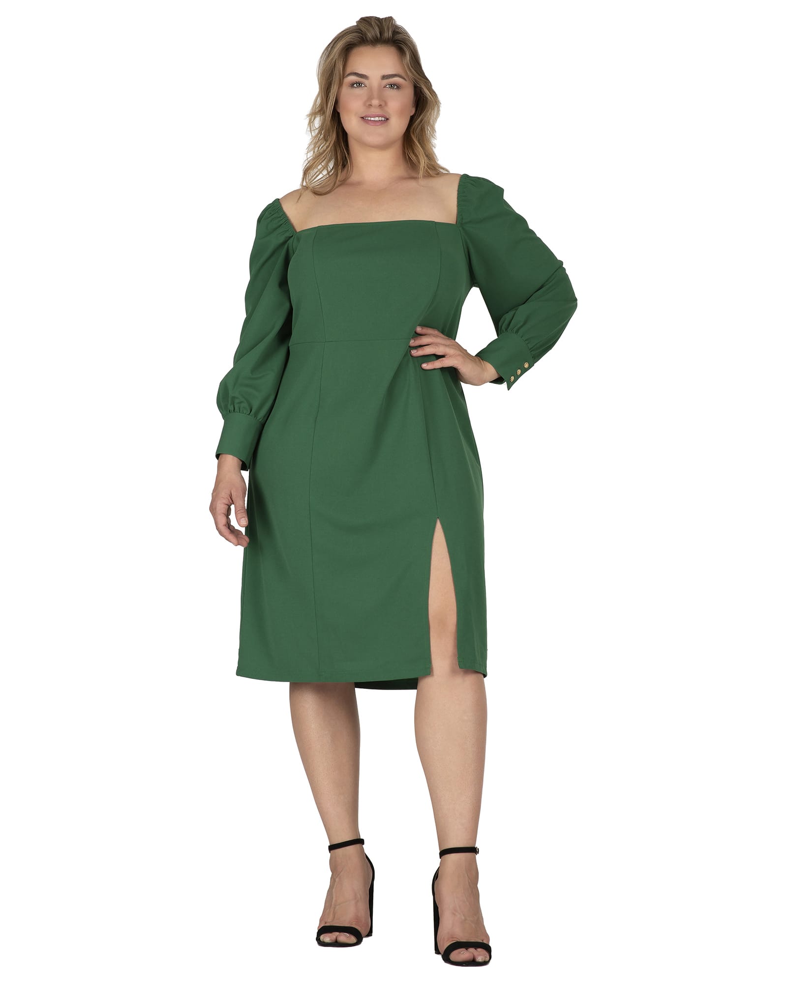 Women's Square-Neck Off Shoulder Elegant Midi Dress | Green