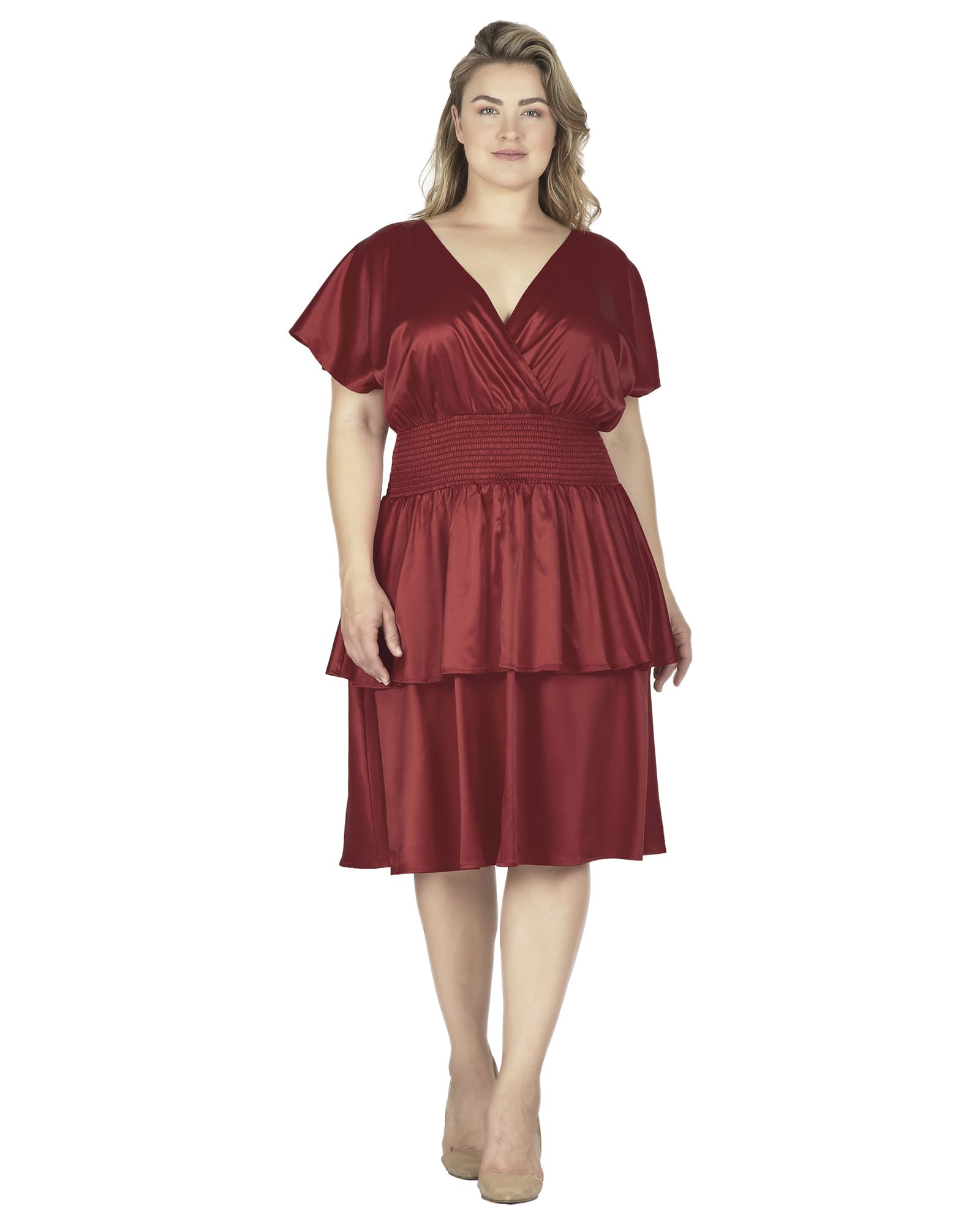 Women's Flutter Sleeves Layered Satin Midi Dress | Red