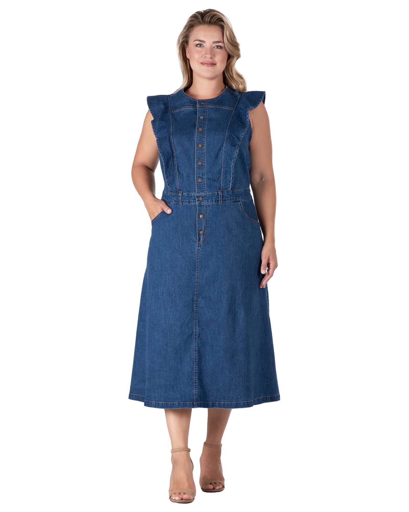 Women's Ruffle Sleeveless A-Line Midi Dress | Dark Blue