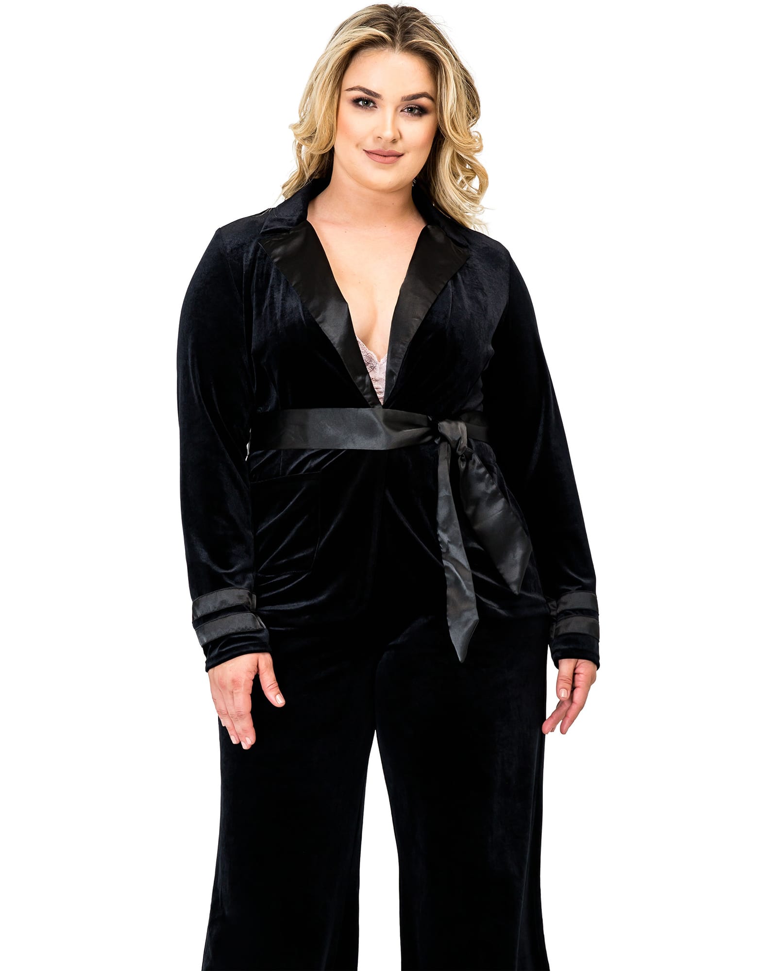 Women's Velvet Satin Belt Wrap Smoking Jacket | Black