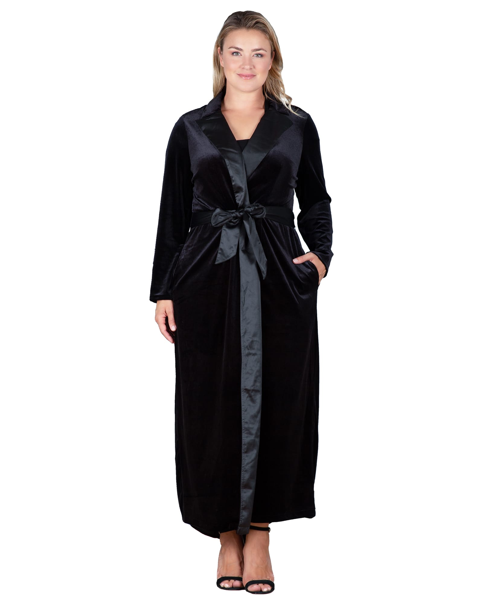 Women's Velvet Wrap Satin Belt Midi Coat Dress | Black