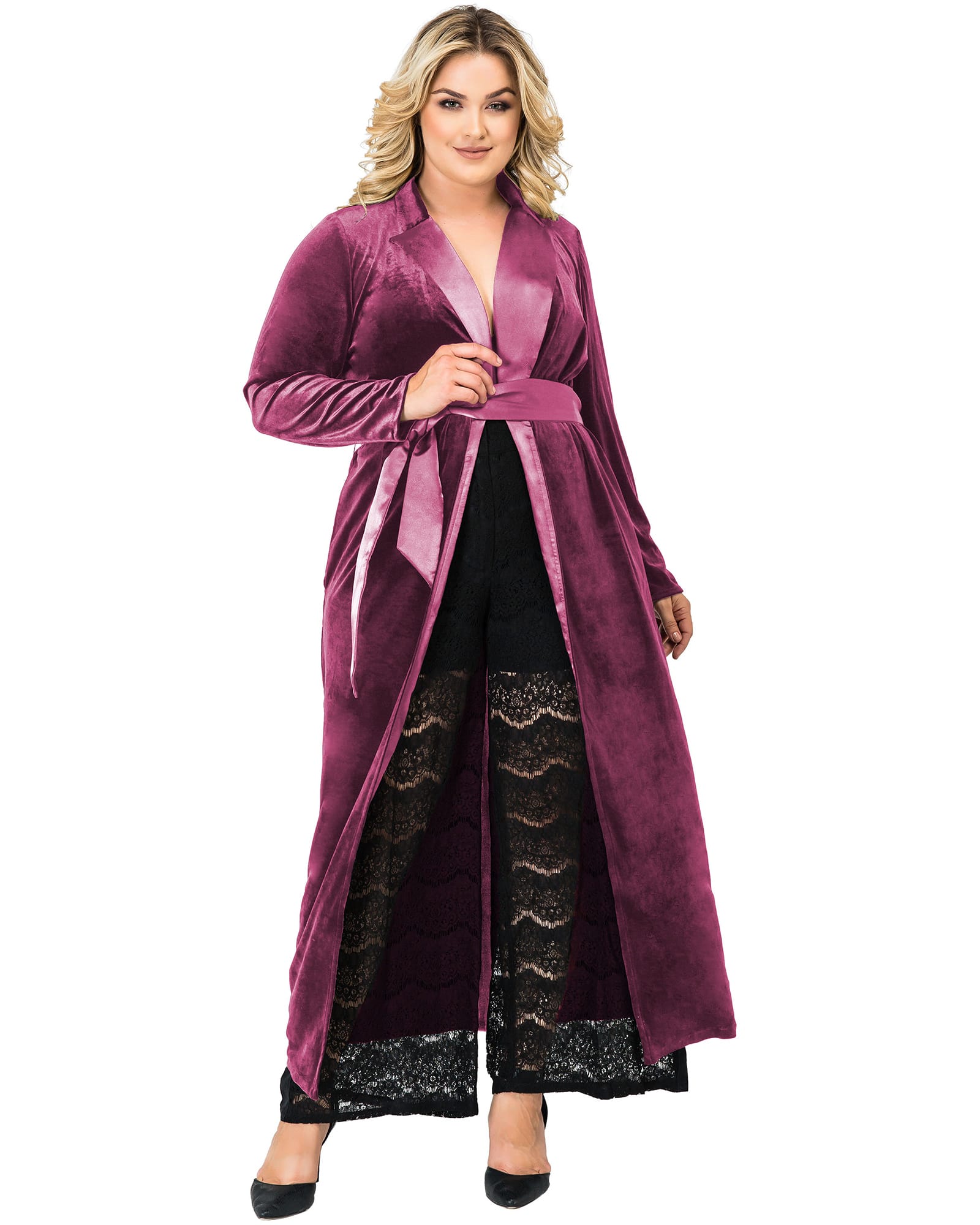 Women's Velvet Wrap Satin Belt Midi Coat Dress | ROSE