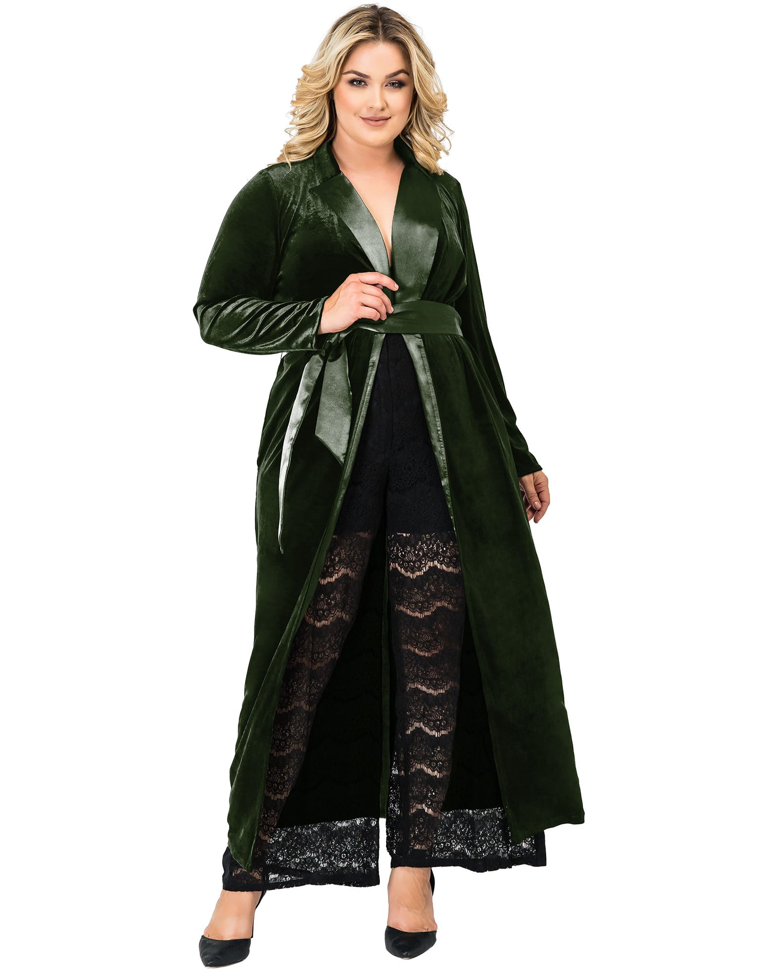 Women's Velvet Wrap Satin Belt Midi Coat Dress | GREEN
