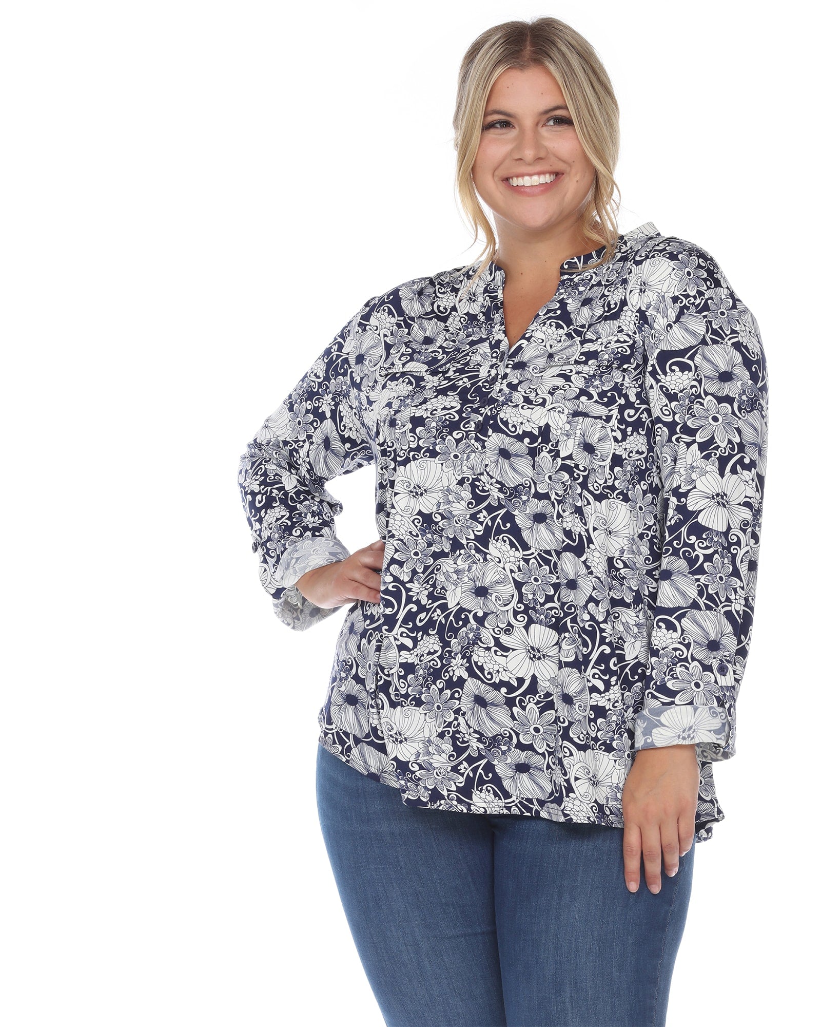 Pleated Long Sleeve Floral Print Blouse | Navy