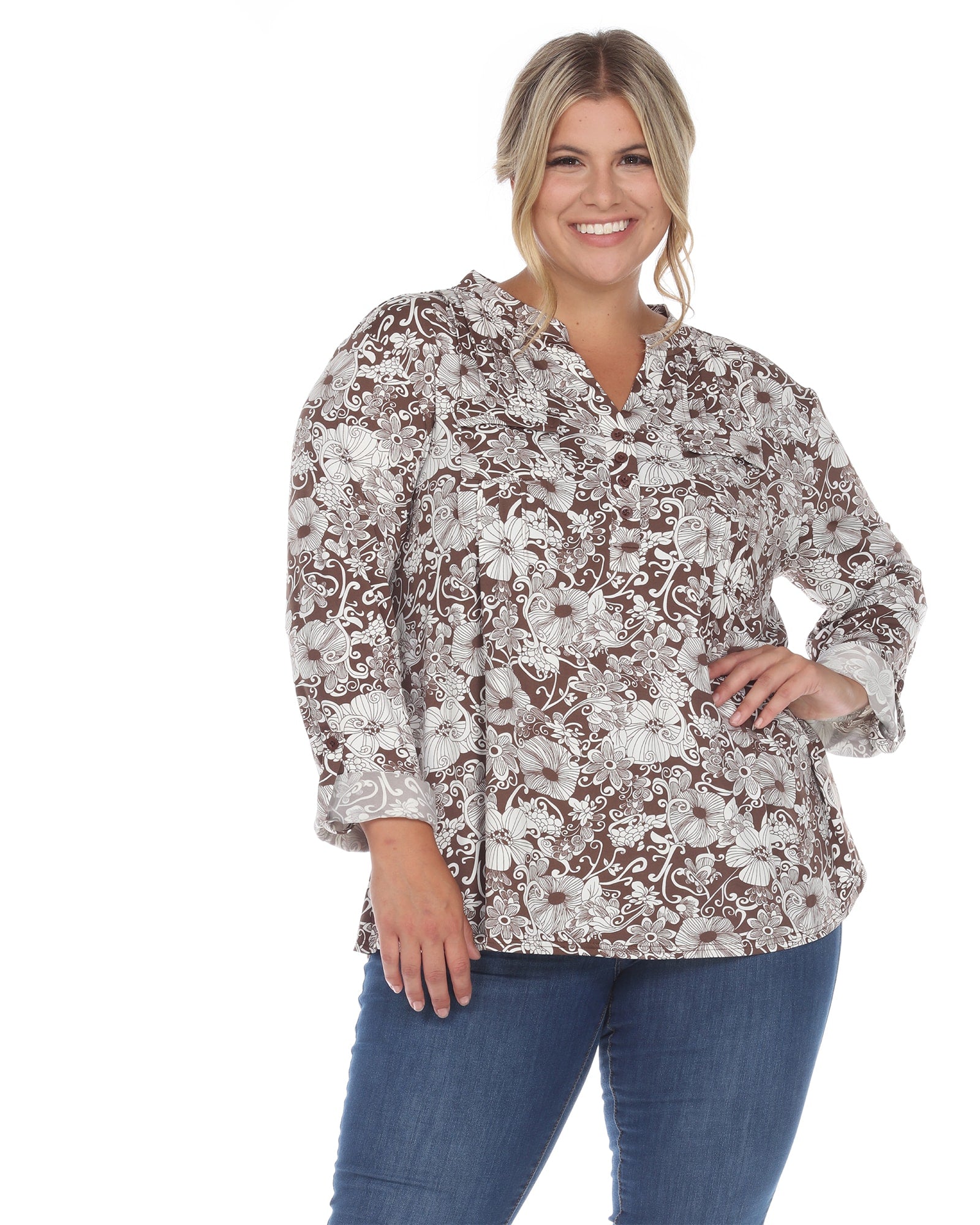 Pleated Long Sleeve Floral Print Blouse | Brown