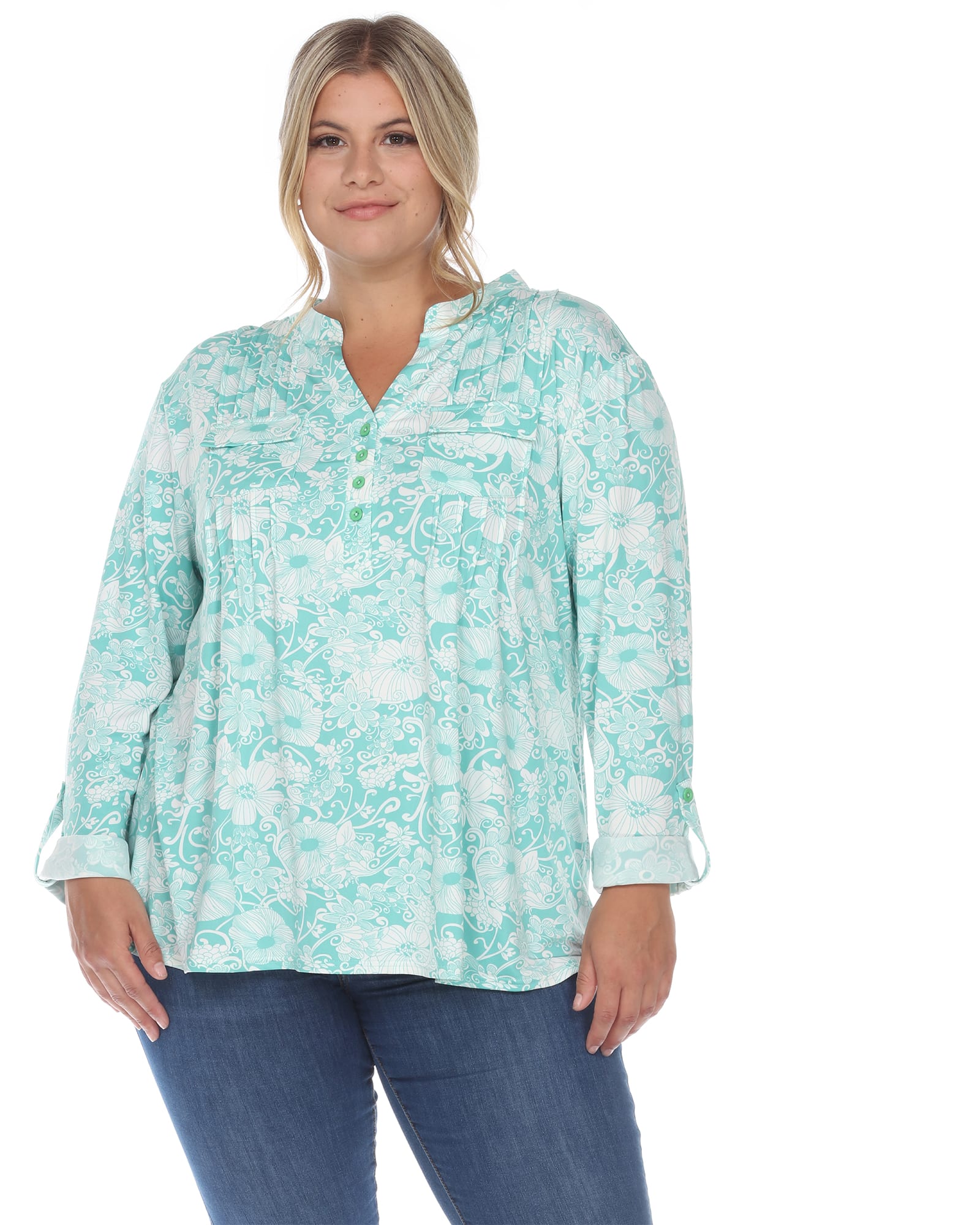 Pleated Long Sleeve Floral Print Blouse | Mint