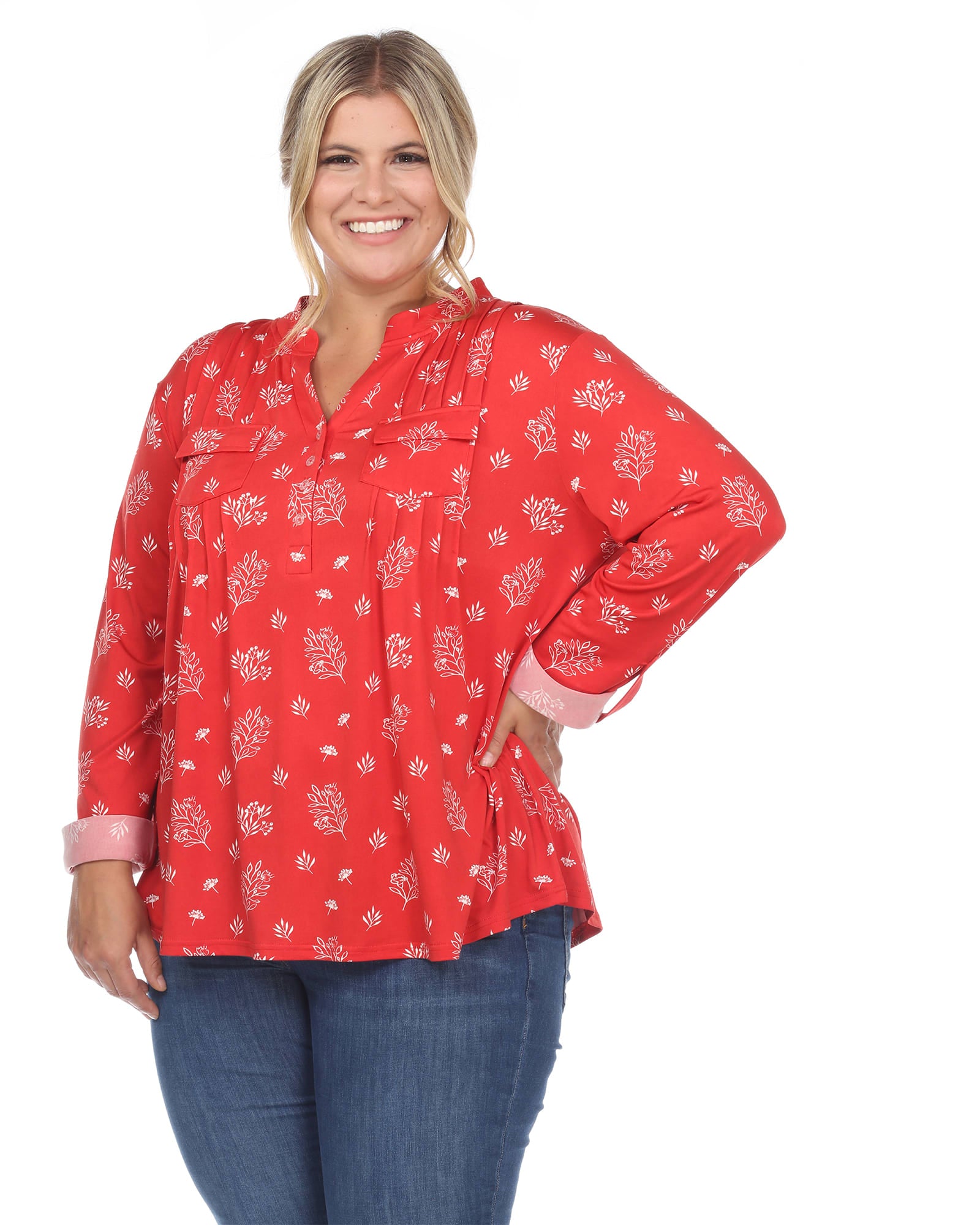 Pleated Long Sleeve Leaf Print Blouse | Red