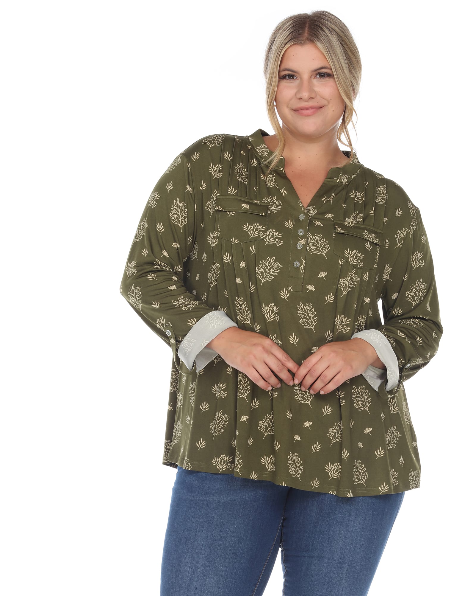 Pleated Long Sleeve Leaf Print Blouse | Olive