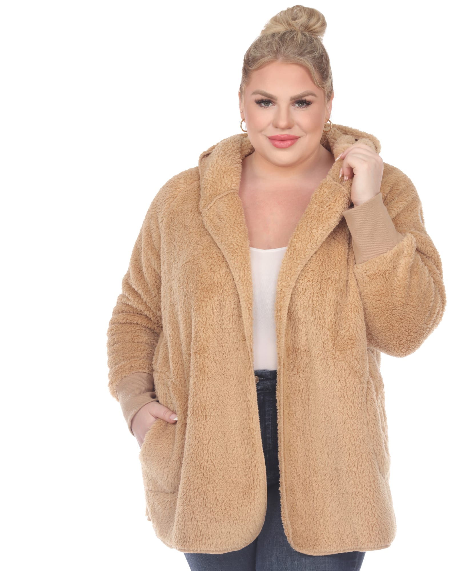 Plush Hooded Cardigan with Pockets | Camel