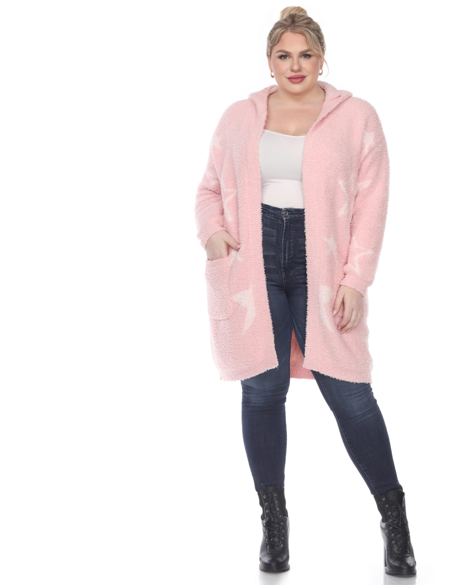 Hooded Open Front Sherpa Coat | Pink/Light Pink Stars