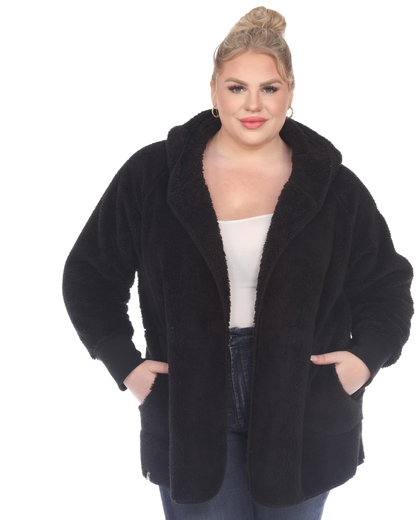 Plush Hooded Cardigan with Pockets | Black