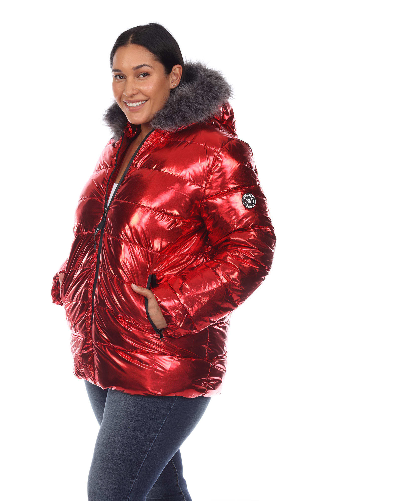 Metallic Puffer Coat with Hoodie | Red