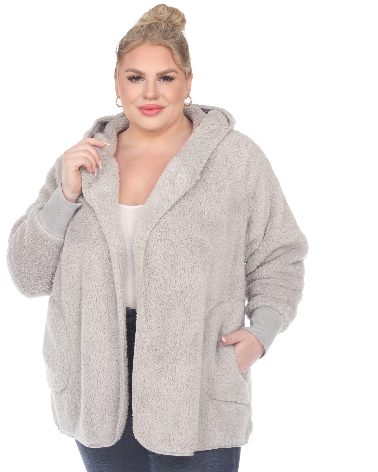 Plush Hooded Cardigan with Pockets | Grey