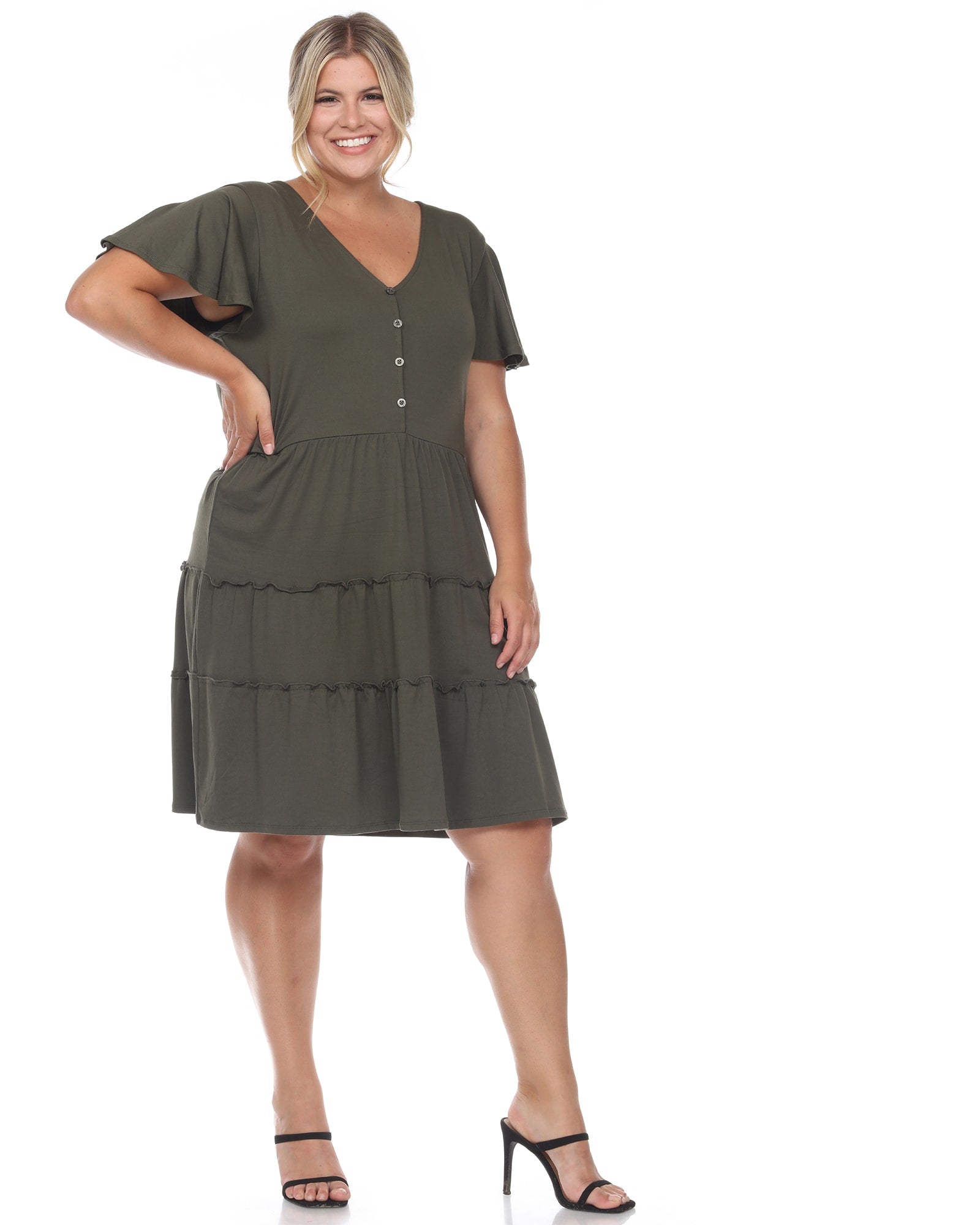 Short Sleeve V-neck Tiered Midi Dress | Olive