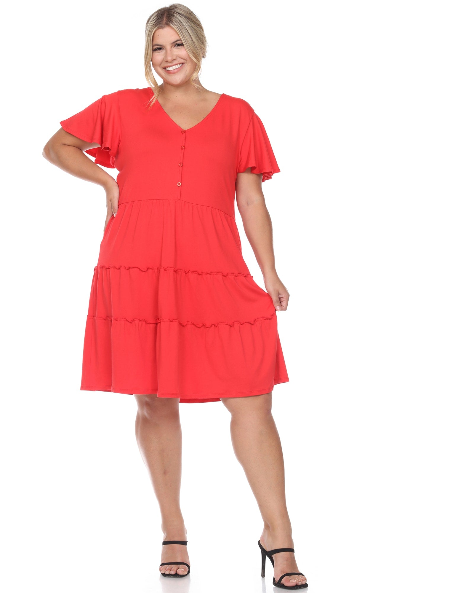 Short Sleeve V-neck Tiered Midi Dress | Red
