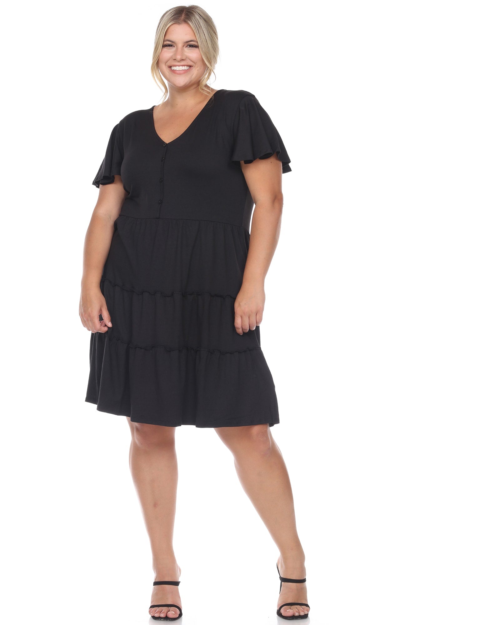 Black Short-Sleeve Tiered Midi Dress