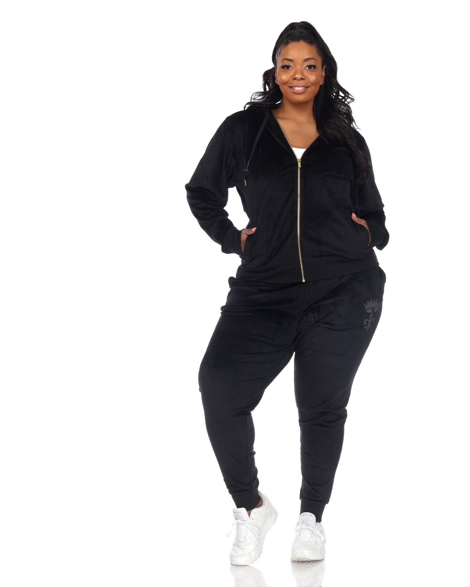 Rhinestone 2 Piece Velour Tracksuit Set | Black