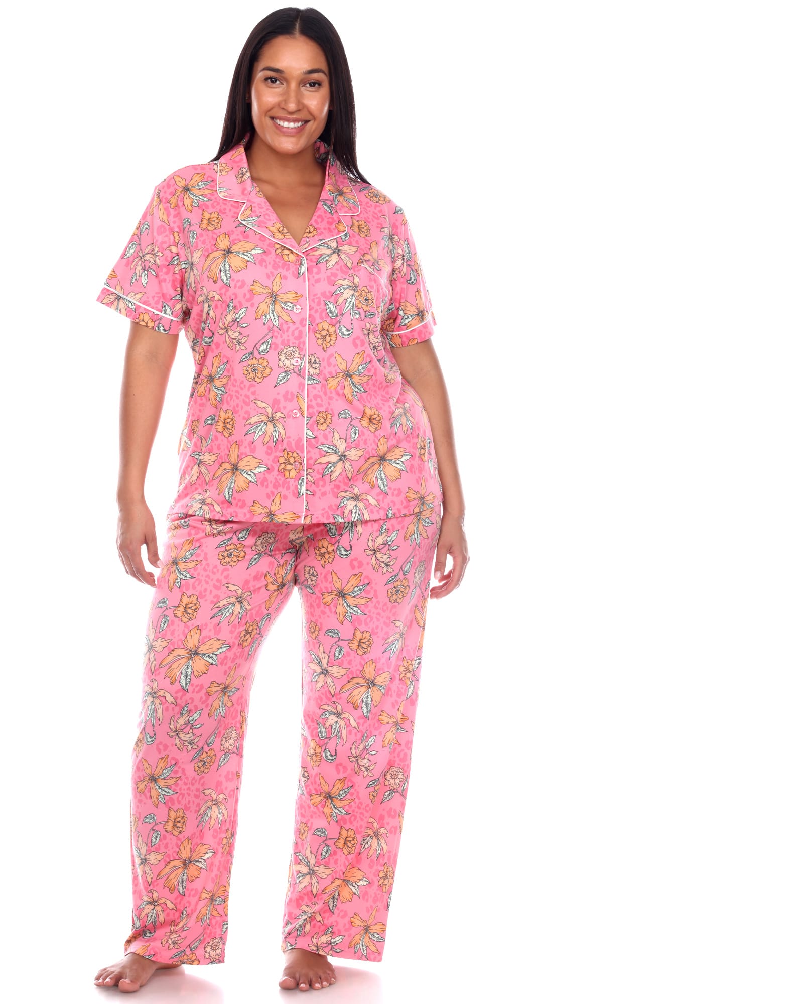 Short Sleeve & Pants Tropical Pajama Set | Pink/Orange