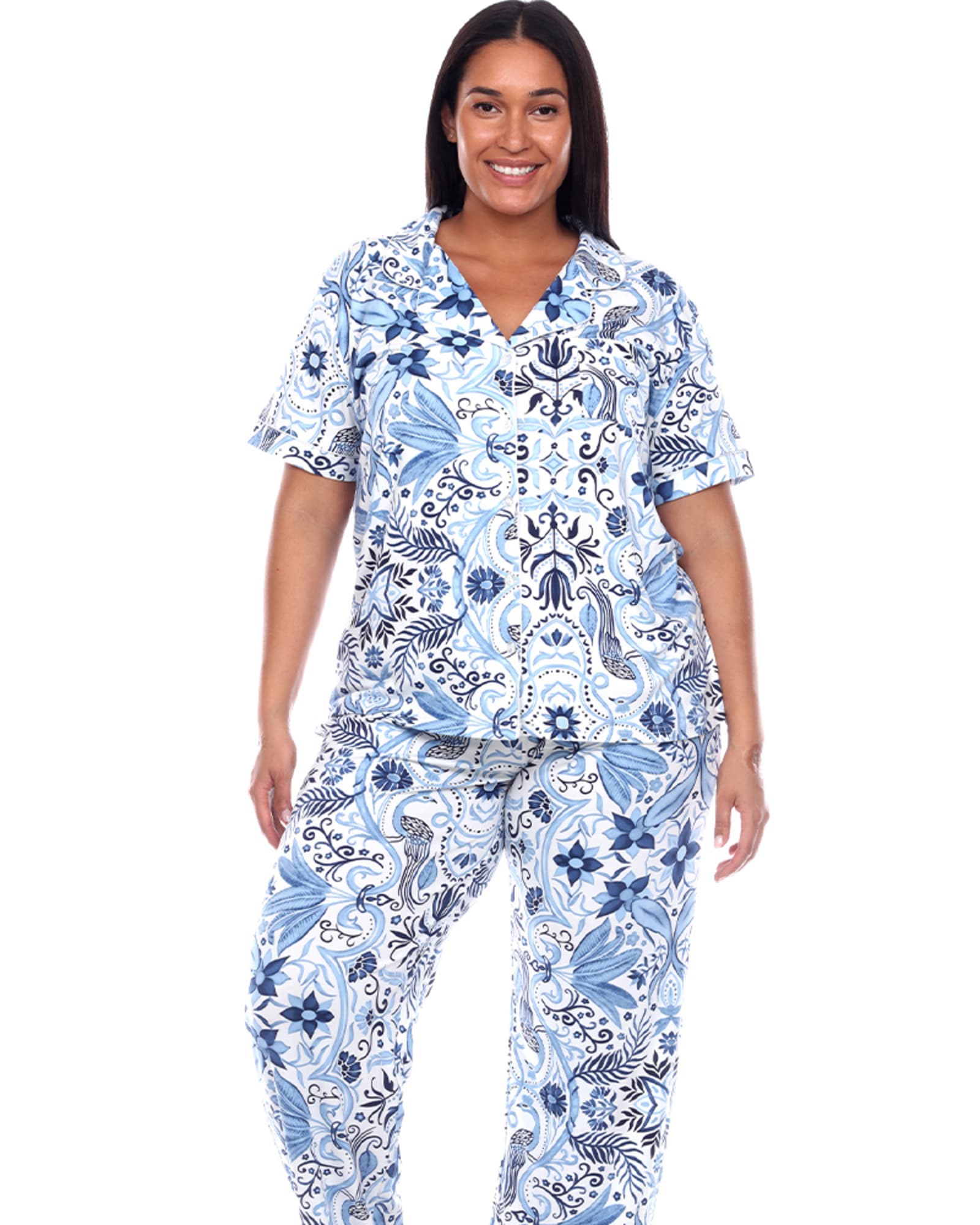 Short Sleeve & Pants Tropical Pajama Set | White/Blue