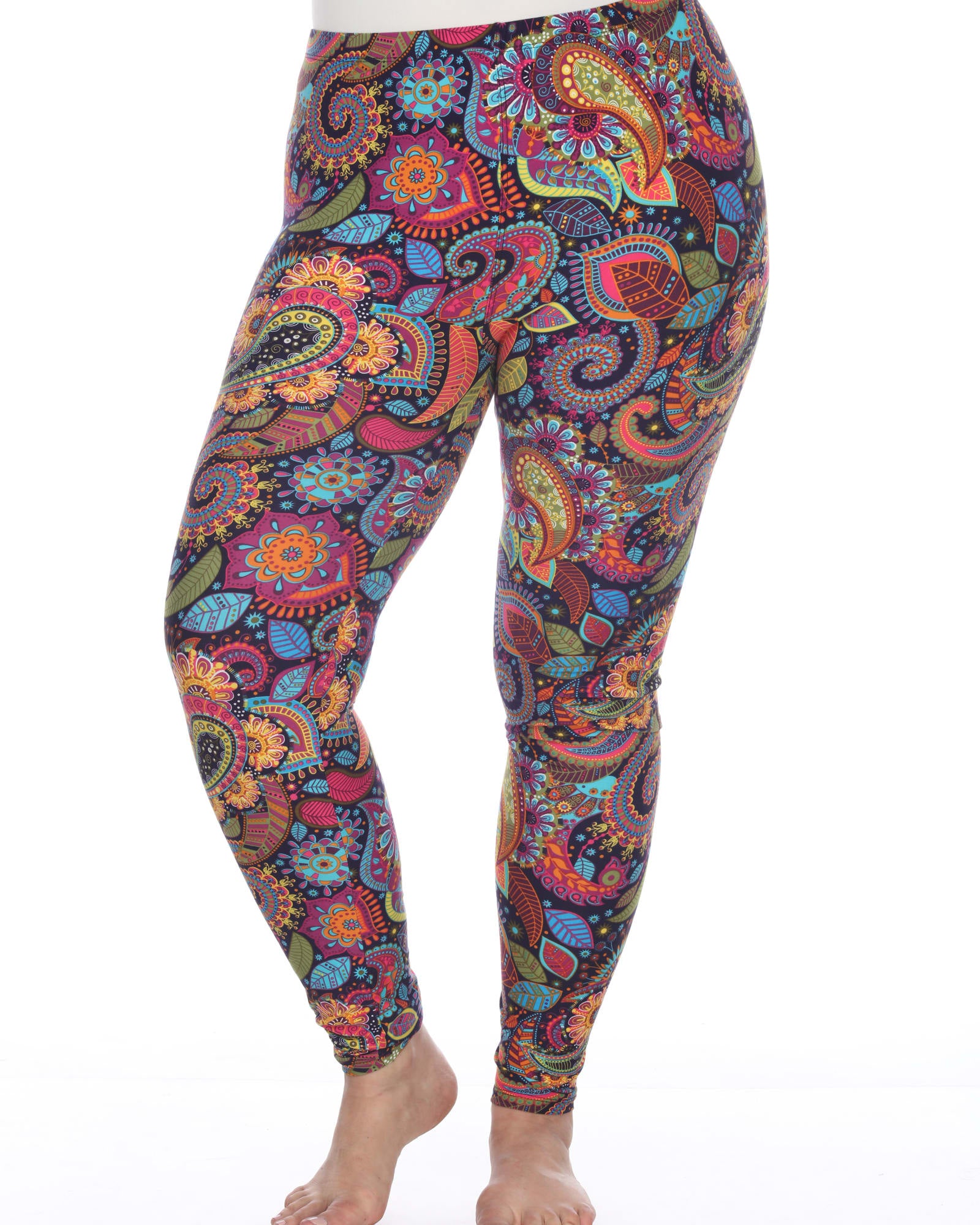 Women's Pack of 3 Plus Size Leggings Colorful Paisley,Purple/Gold Paisley,  White/Coral/Black One Size Fits Most Plus - White Mark