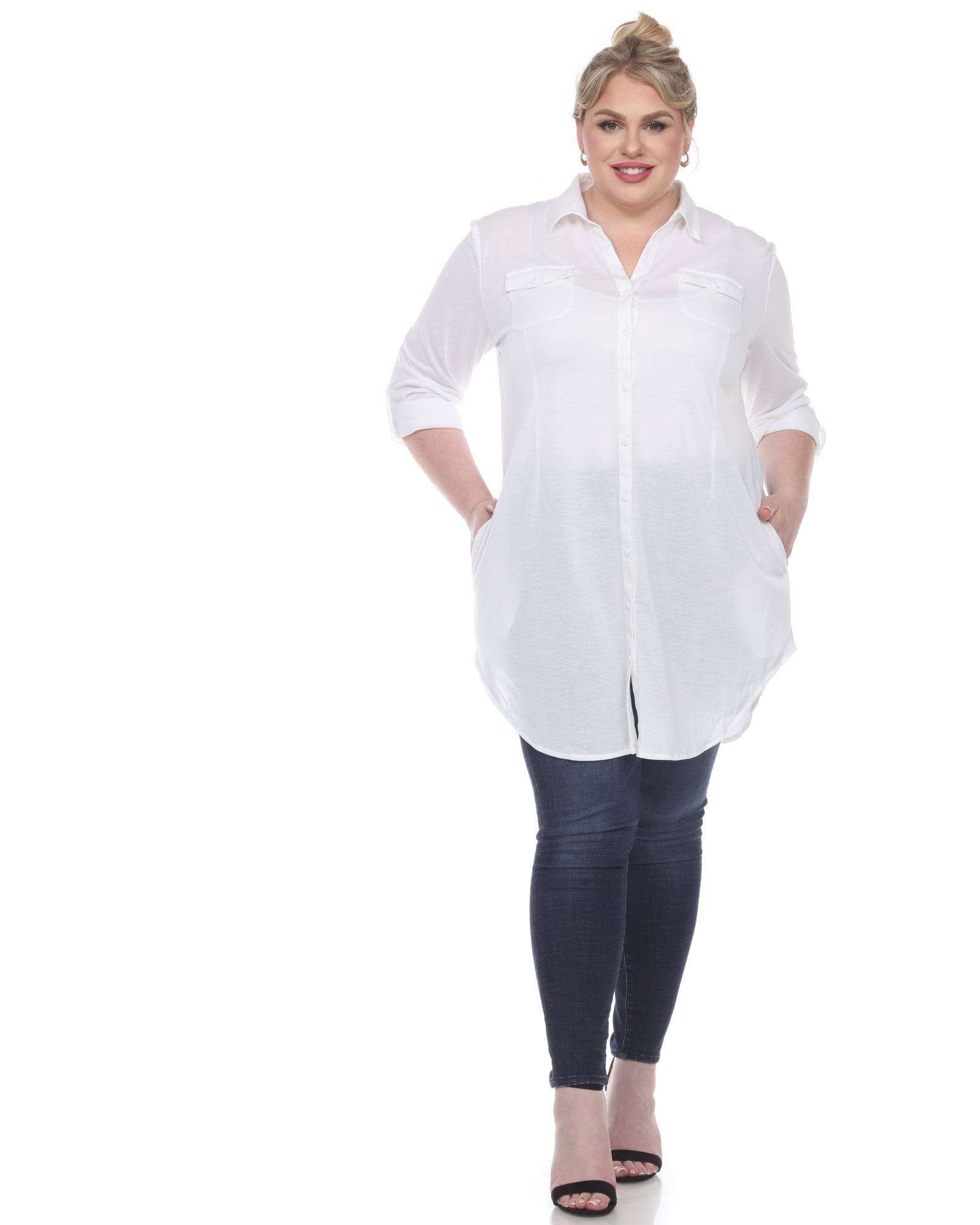 Stretchy Button Down Tunic Top | White
