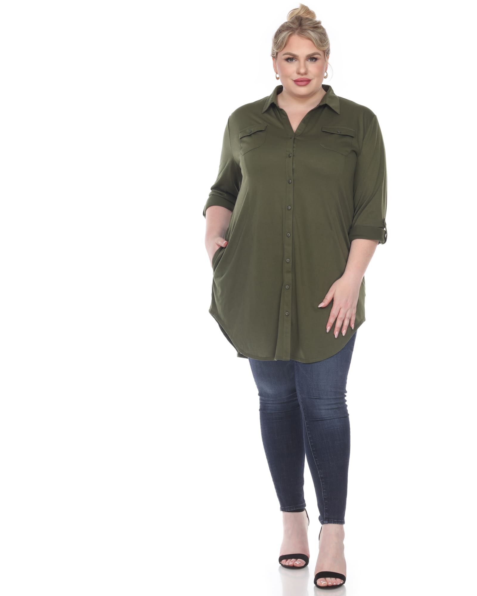 Stretchy Button Down Tunic Top | Olive