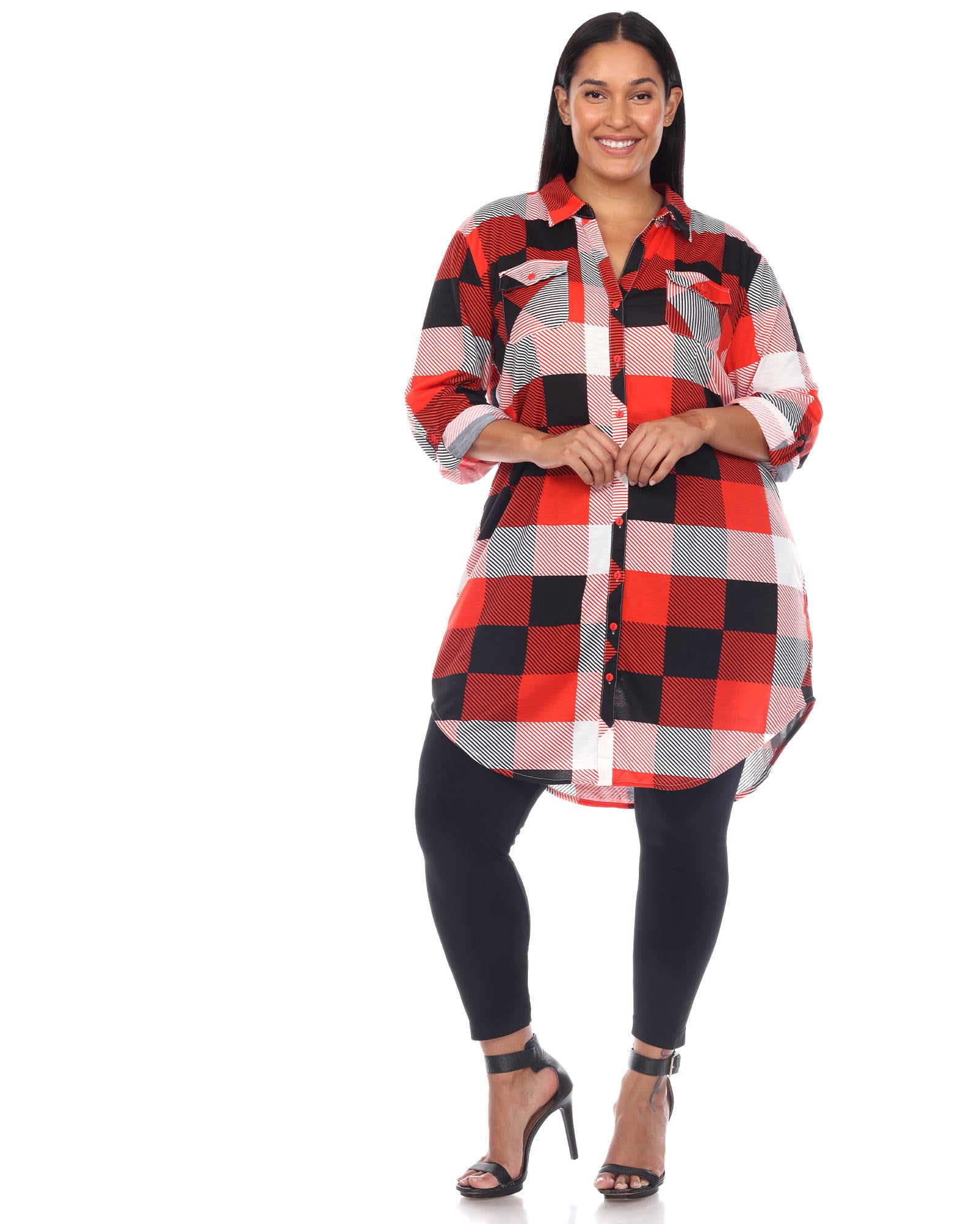 Plaid Button Down Tunic Shirt | Red Black