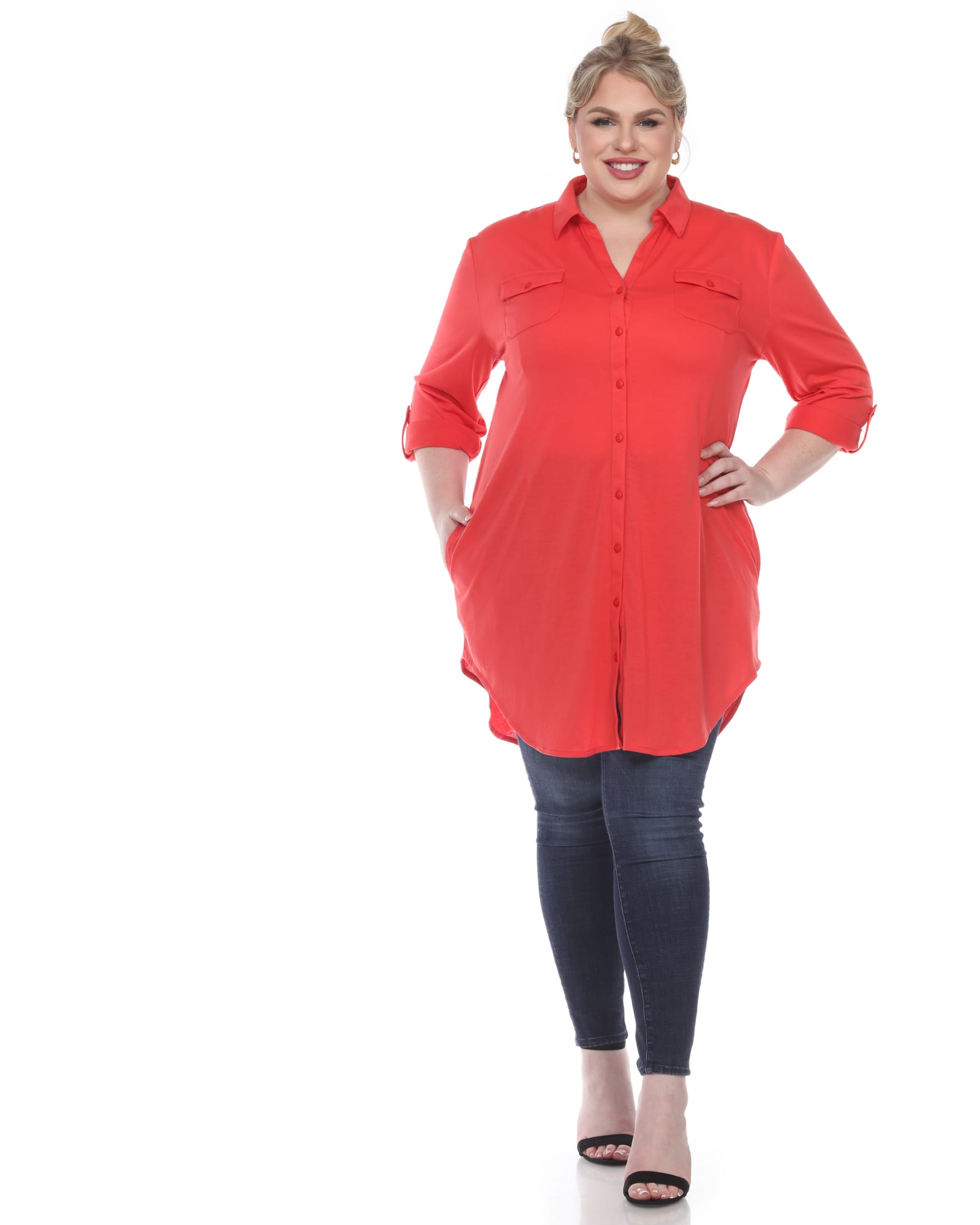 Stretchy Button Down Tunic Top | Red