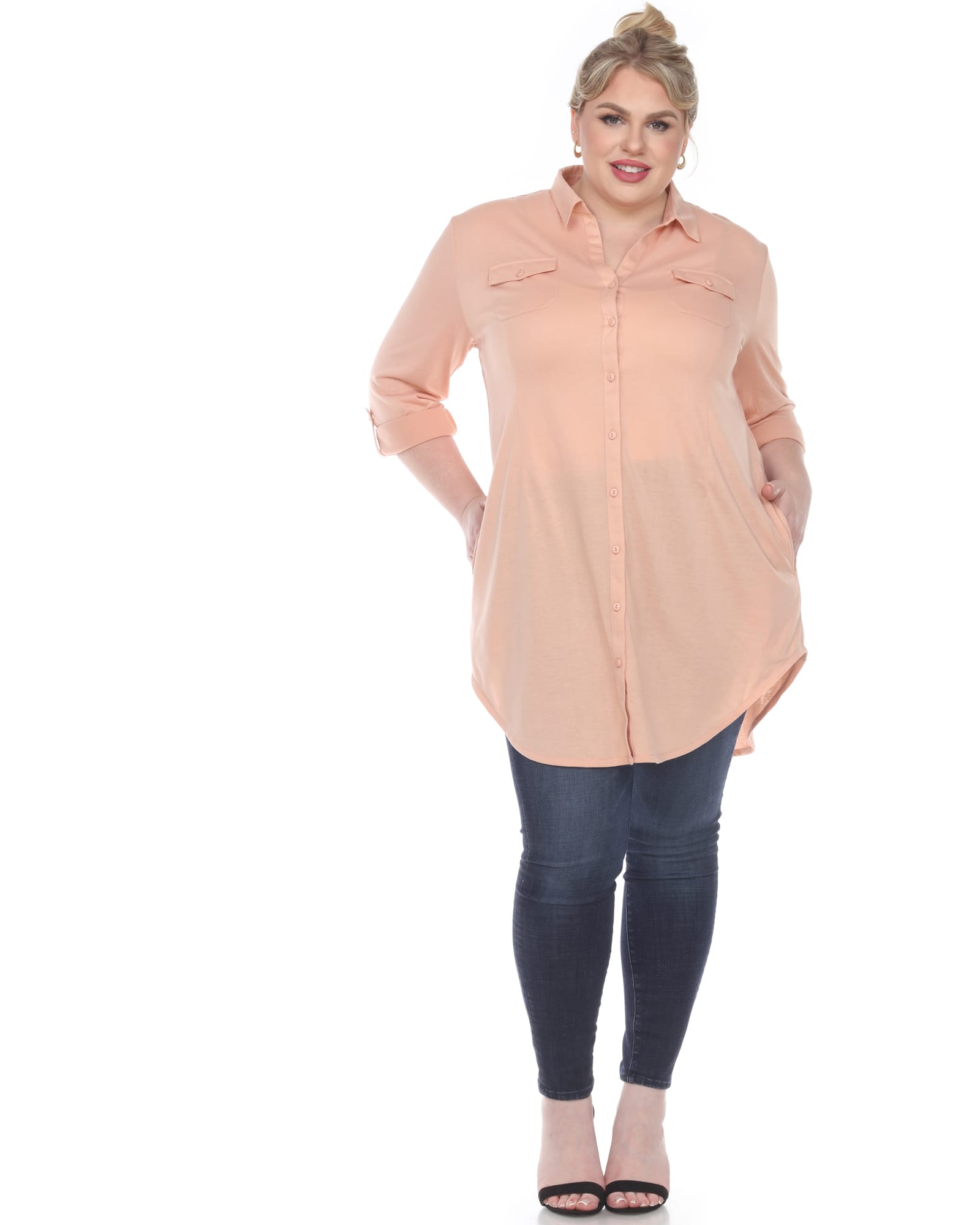 Stretchy Button Down Tunic Top | Dusty Pink
